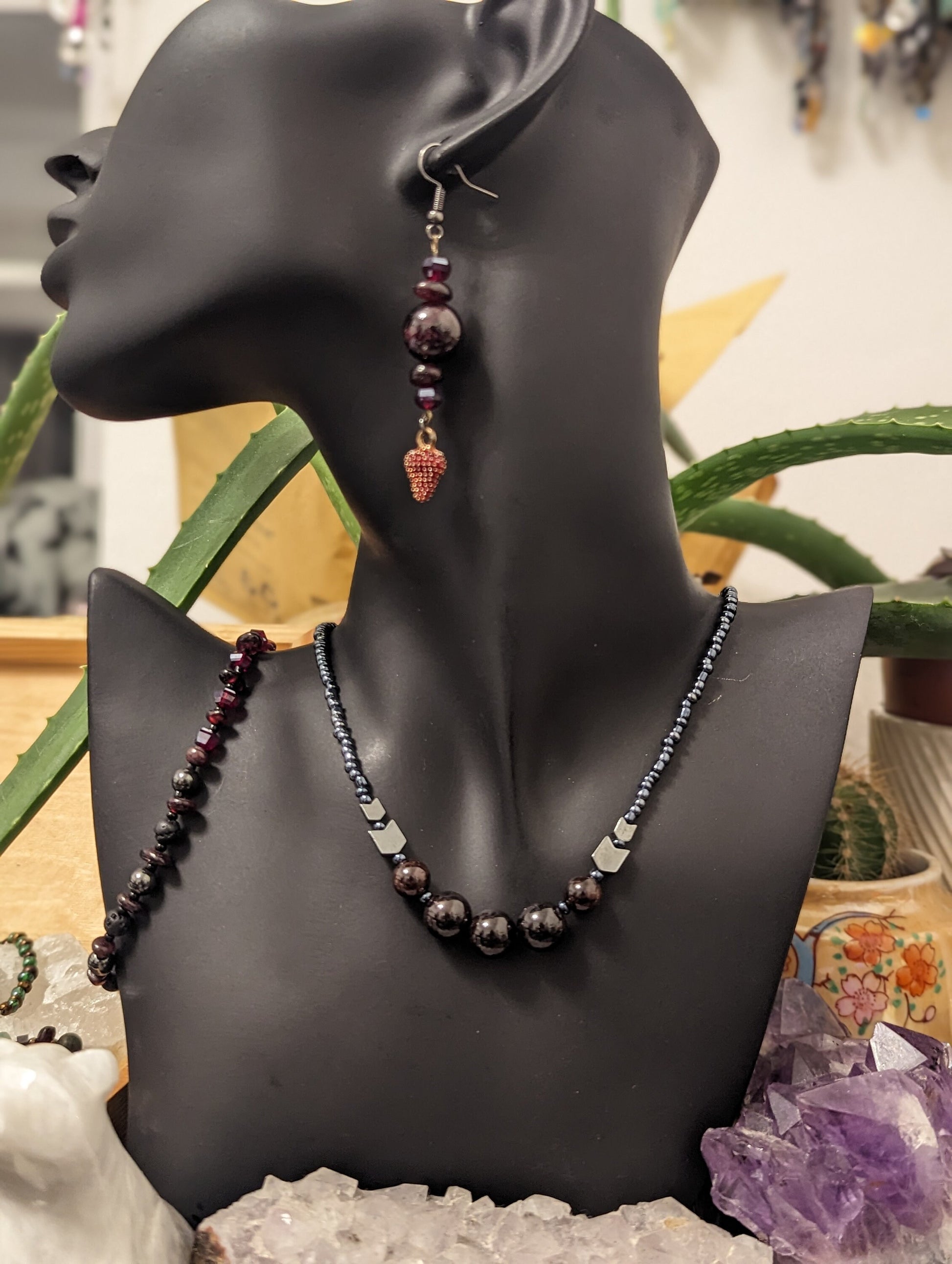 Garnet Set: Necklace with 5 Garnet Dark Gemstone Round Large Beads, Garnet Drop Earrings with Strawberry Pendants and Garnet Beaded Bracelet