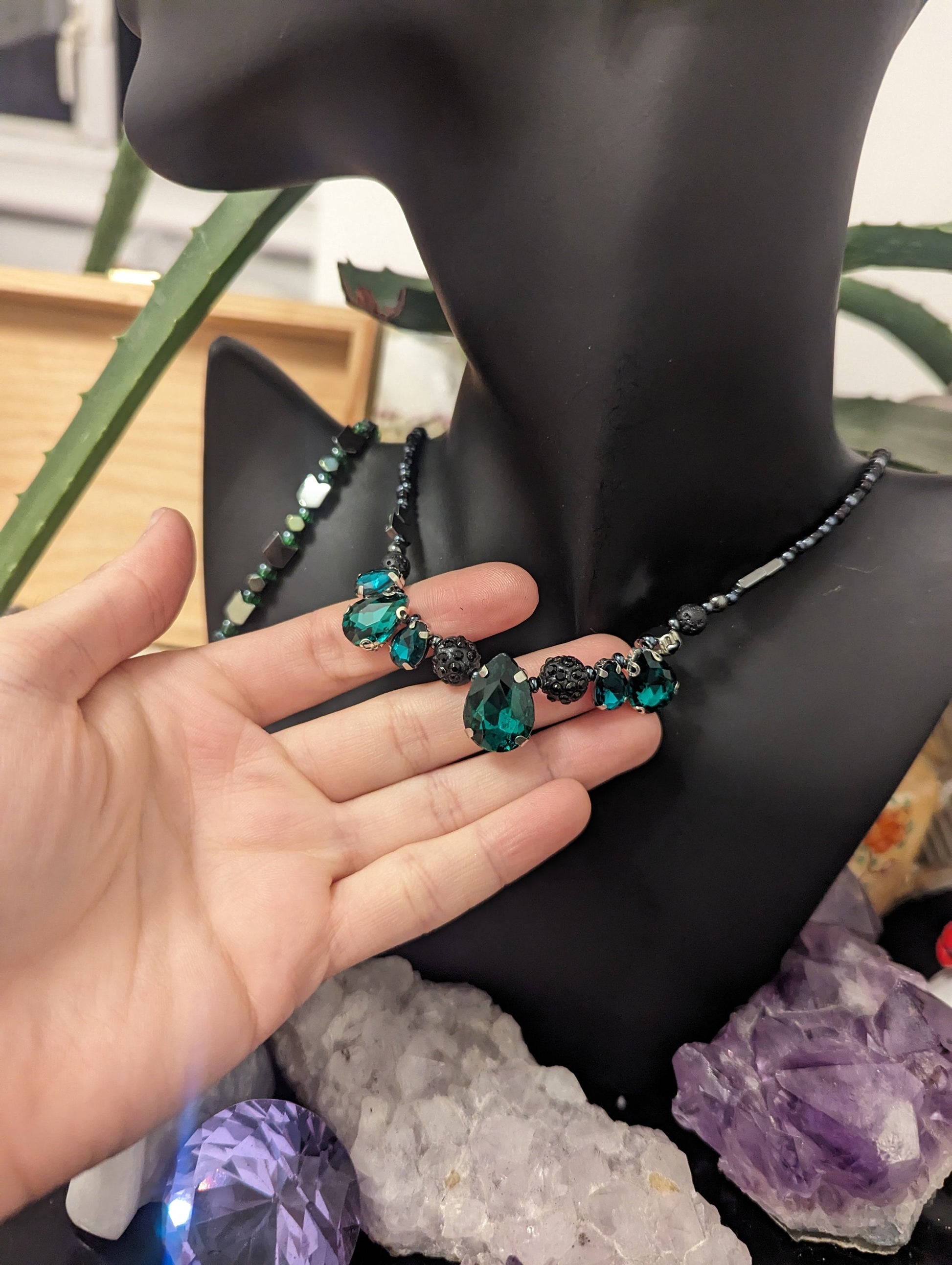 Set: 7 Green Glass Drop Pendans, Necklace, Earrings and Bracelet with Grey Hematite Styled Arrow Beads and Dark Blue and Green Glass Beads