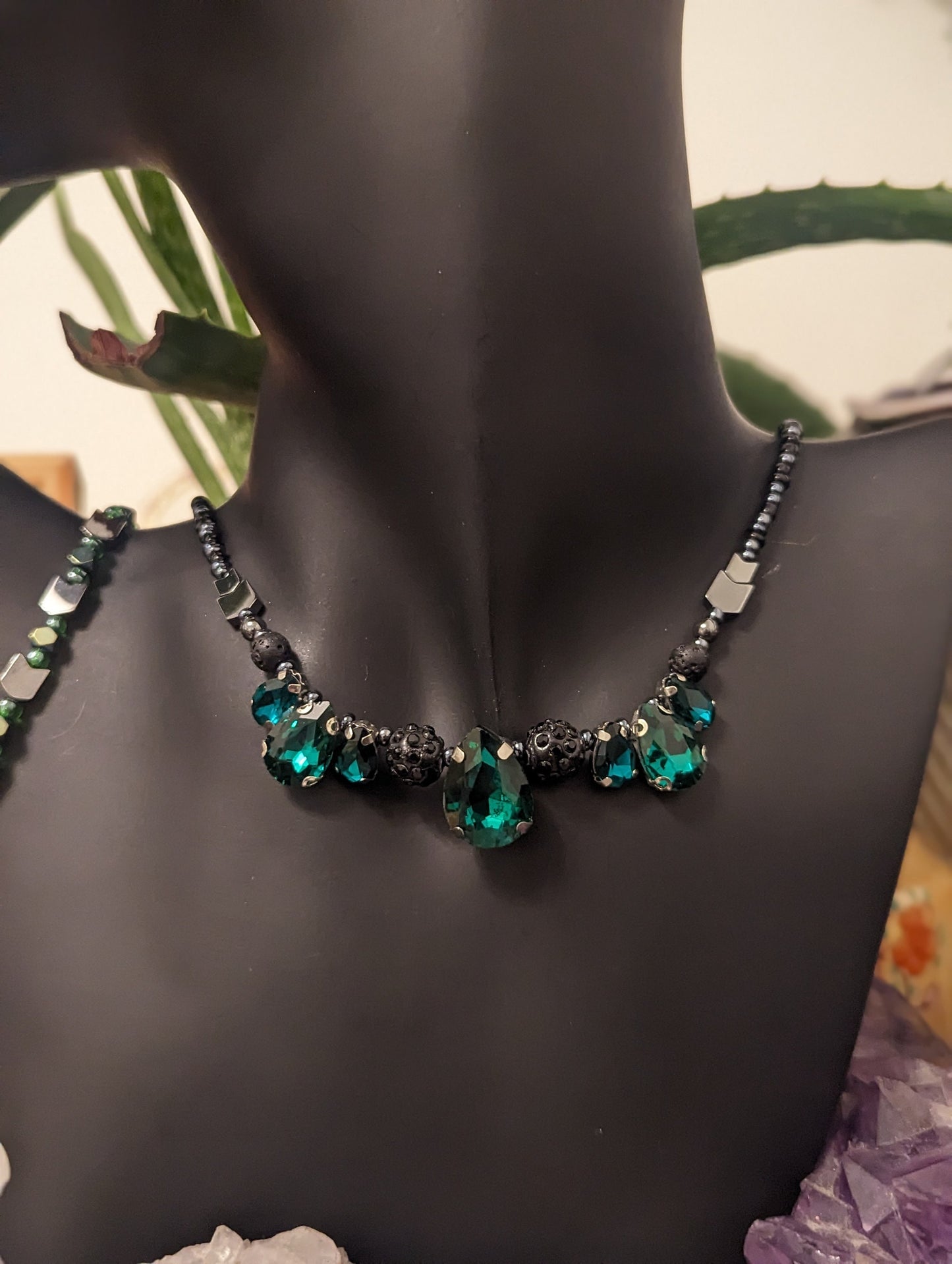 Set: 7 Green Glass Drop Pendans, Necklace, Earrings and Bracelet with Grey Hematite Styled Arrow Beads and Dark Blue and Green Glass Beads