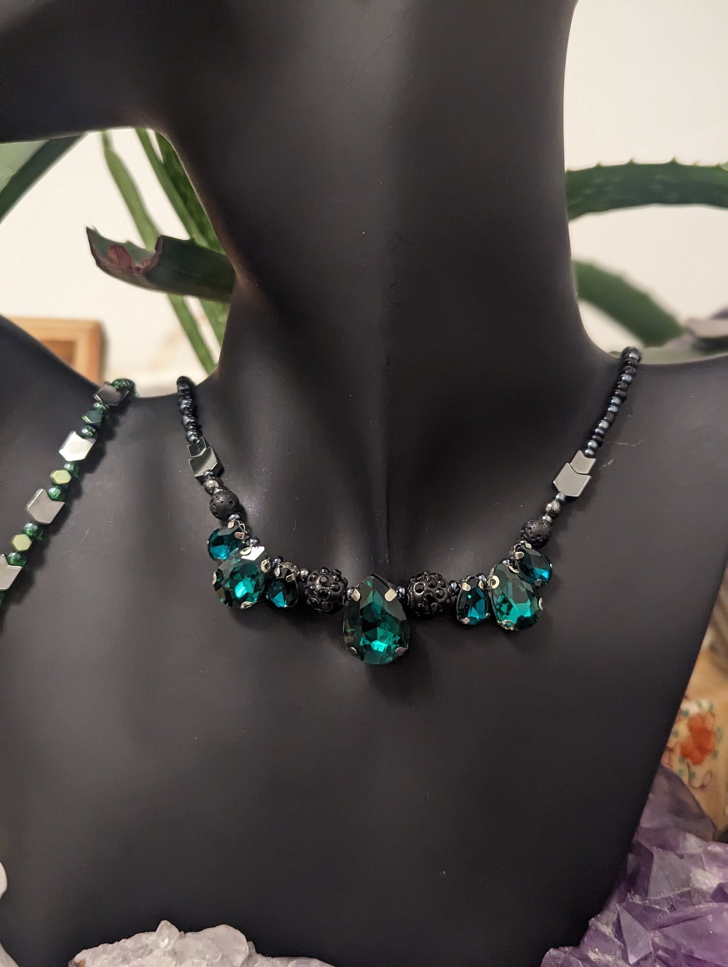 Set: 7 Green Glass Drop Pendans, Necklace, Earrings and Bracelet with Grey Hematite Styled Arrow Beads and Dark Blue and Green Glass Beads