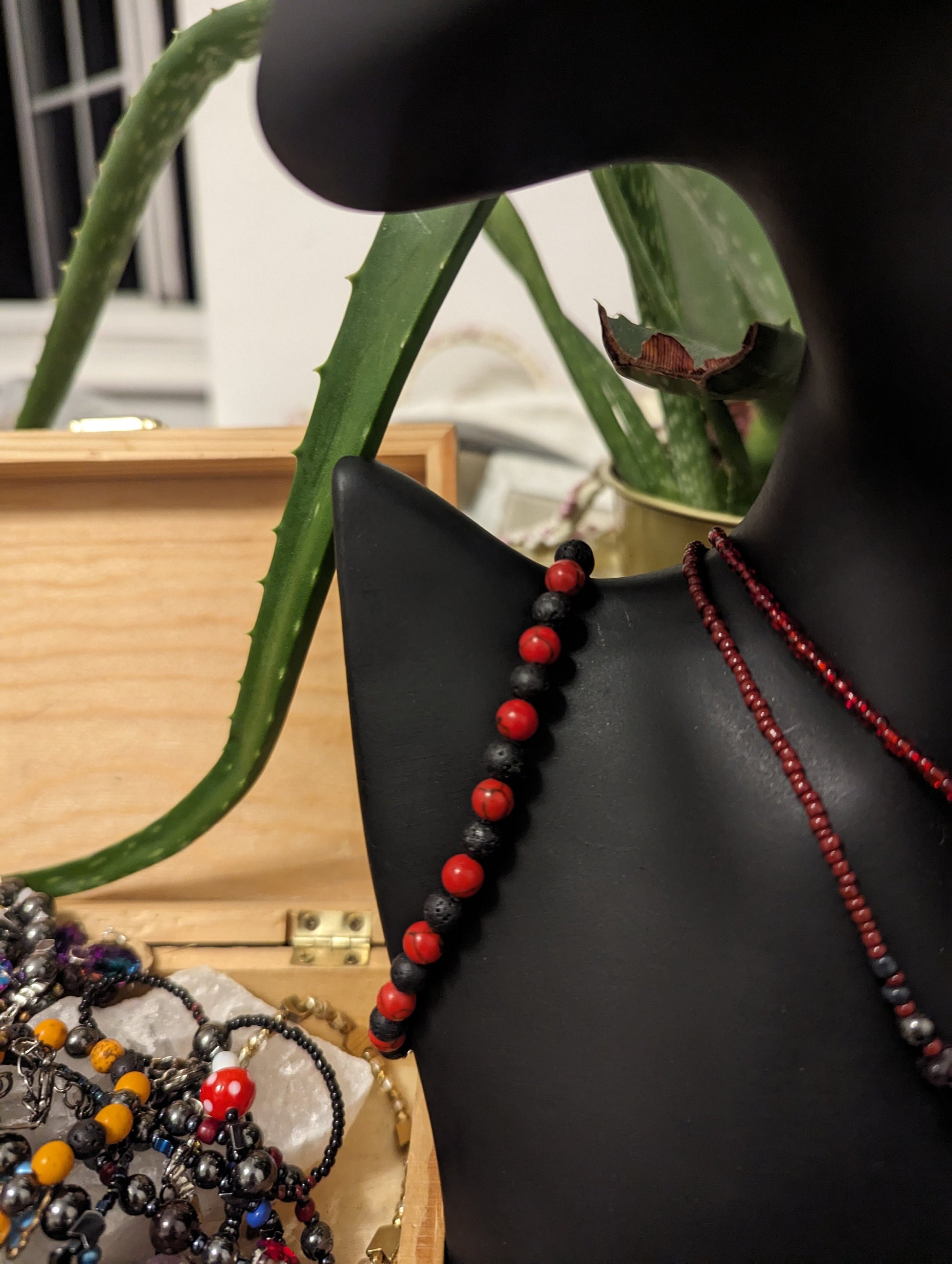 Red Layers: Garnet & Strawberry Earrings, 2 Beaded Necklaces with Golden Pendant, Red Glass Drop Pendant, Red Beads and Black Red Bracelet