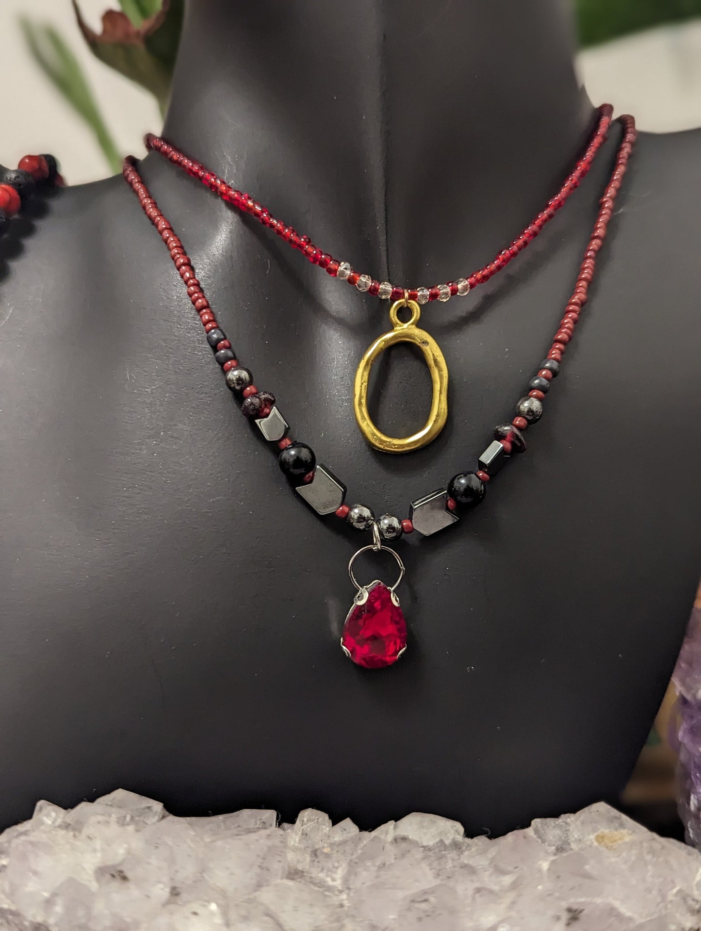 Red Layers: Garnet & Strawberry Earrings, 2 Beaded Necklaces with Golden Pendant, Red Glass Drop Pendant, Red Beads and Black Red Bracelet