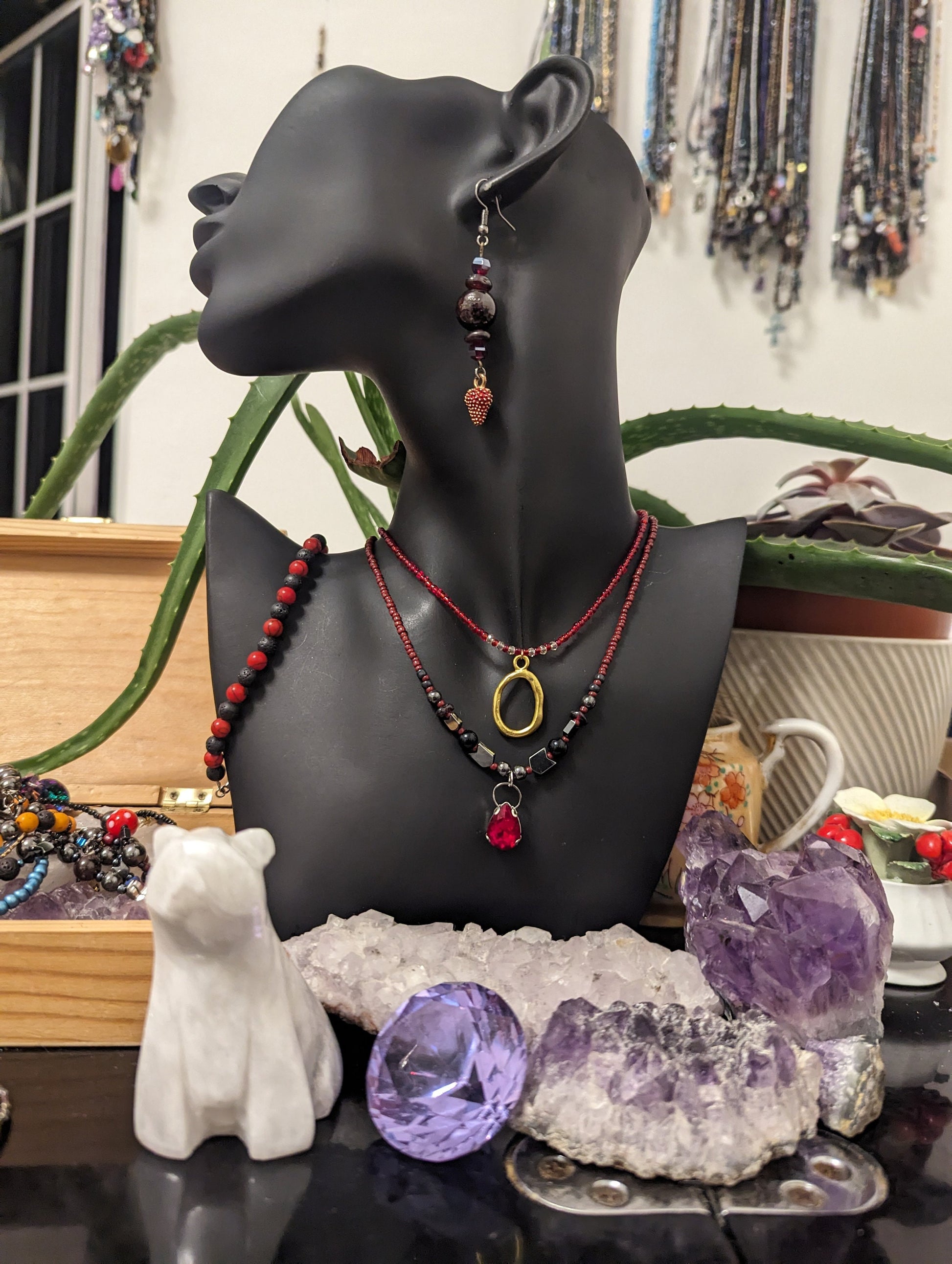 Red Layers: Garnet & Strawberry Earrings, 2 Beaded Necklaces with Golden Pendant, Red Glass Drop Pendant, Red Beads and Black Red Bracelet