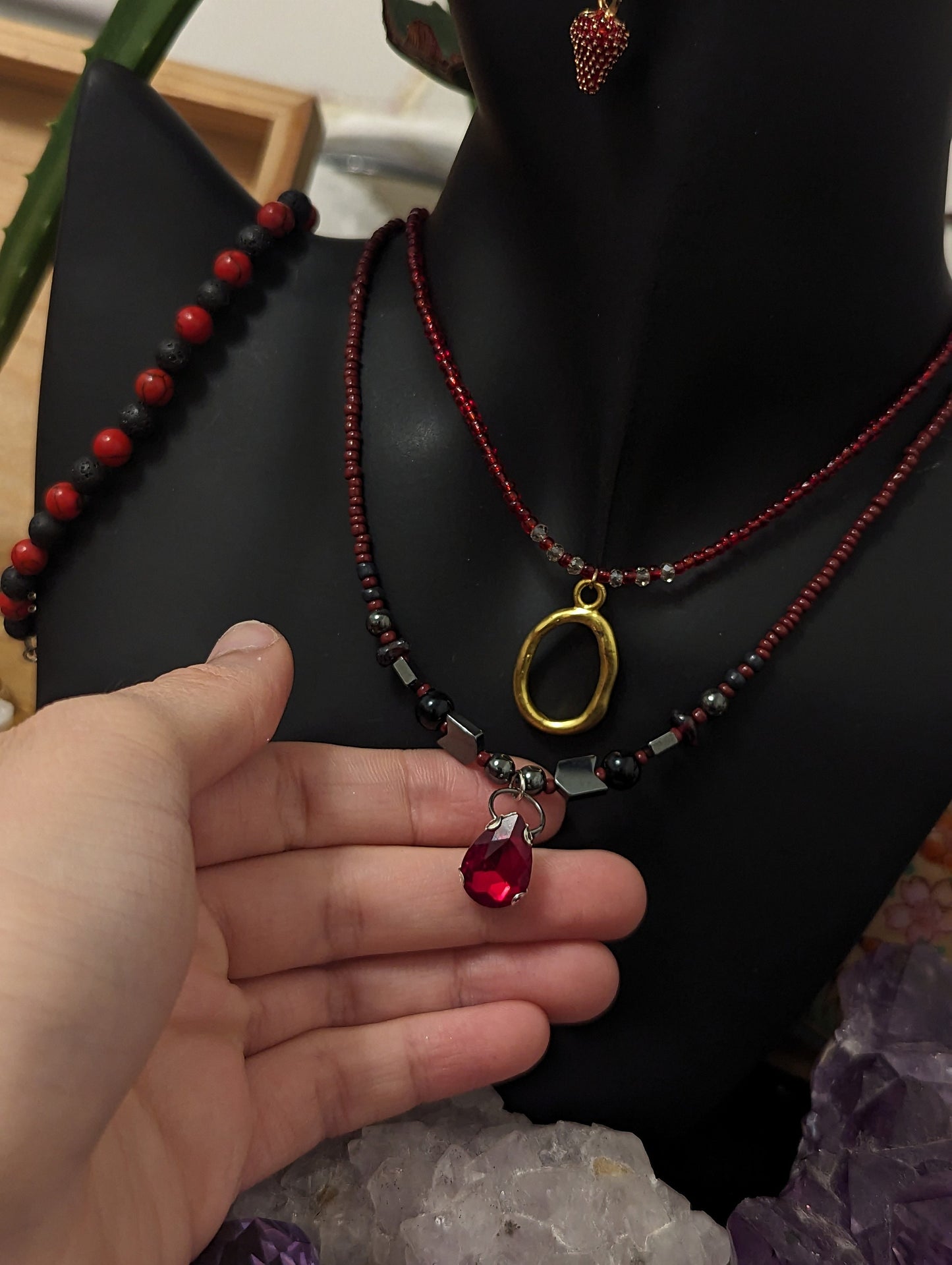 Red Layers: Garnet & Strawberry Earrings, 2 Beaded Necklaces with Golden Pendant, Red Glass Drop Pendant, Red Beads and Black Red Bracelet