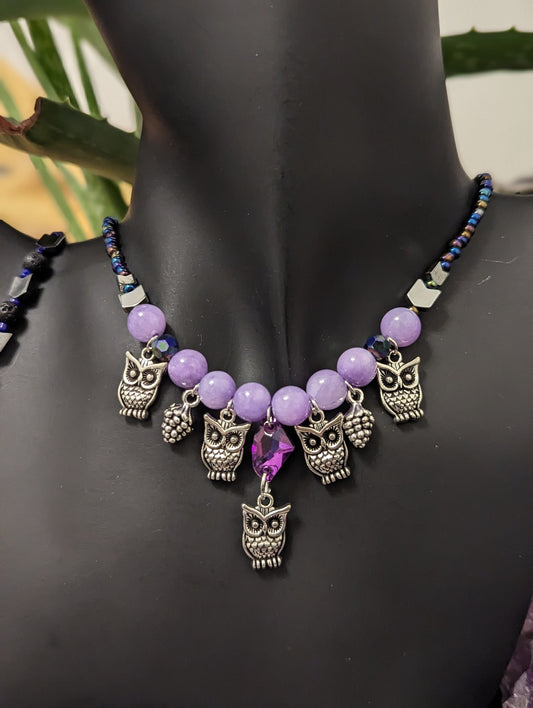 Owls Paradise Set: Silver Owl Pendants, Angelite Purple Beads, Purple Glass Pendant, Multicoloured Beads, Owl Earrings and Purple Bracelet