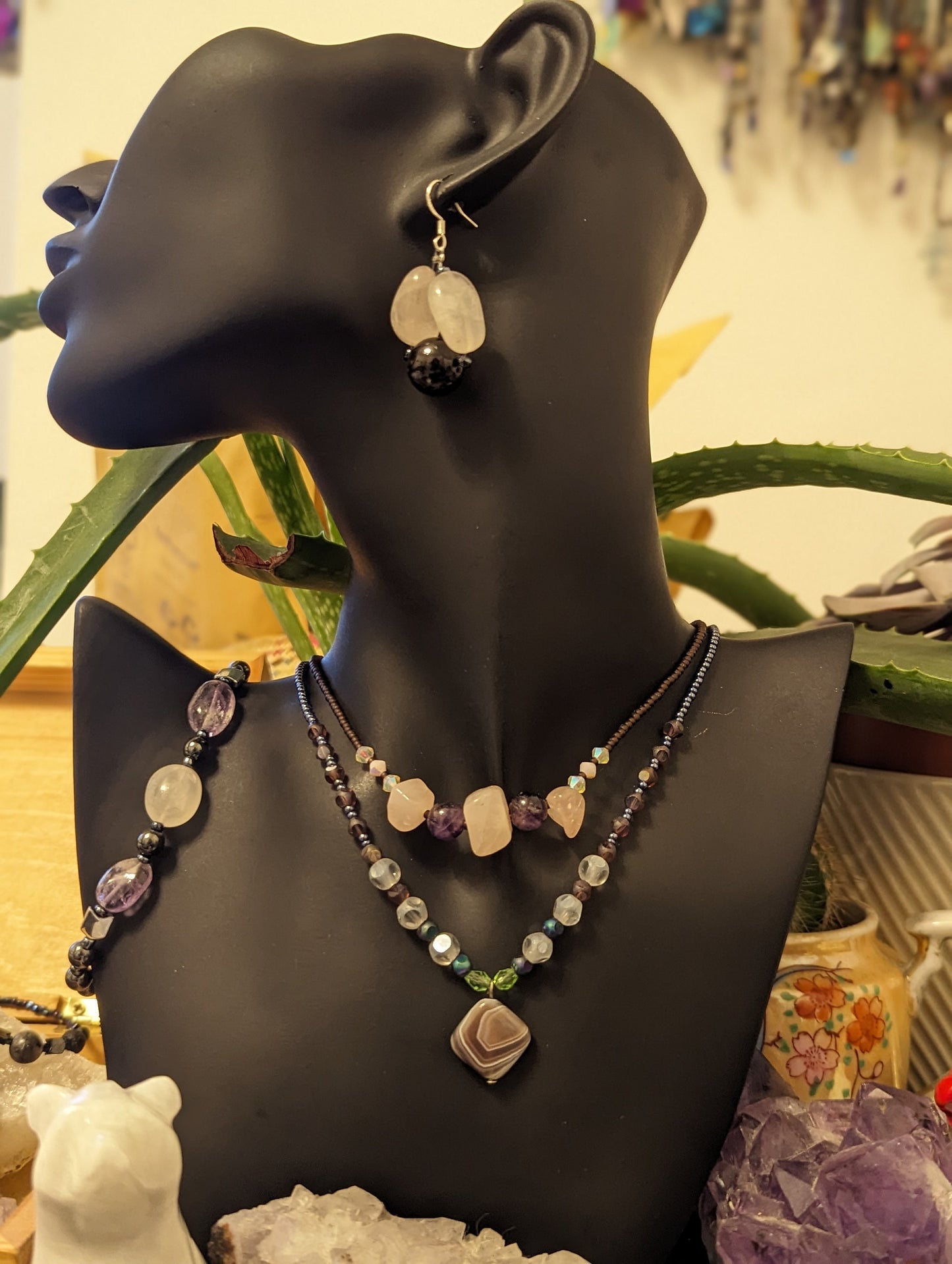 Gemstones Layered Set: Rose Quartz, Agate, Garnet and Amethyst Necklaces, Earrings and Bracelet with Glass Green Brown Beads