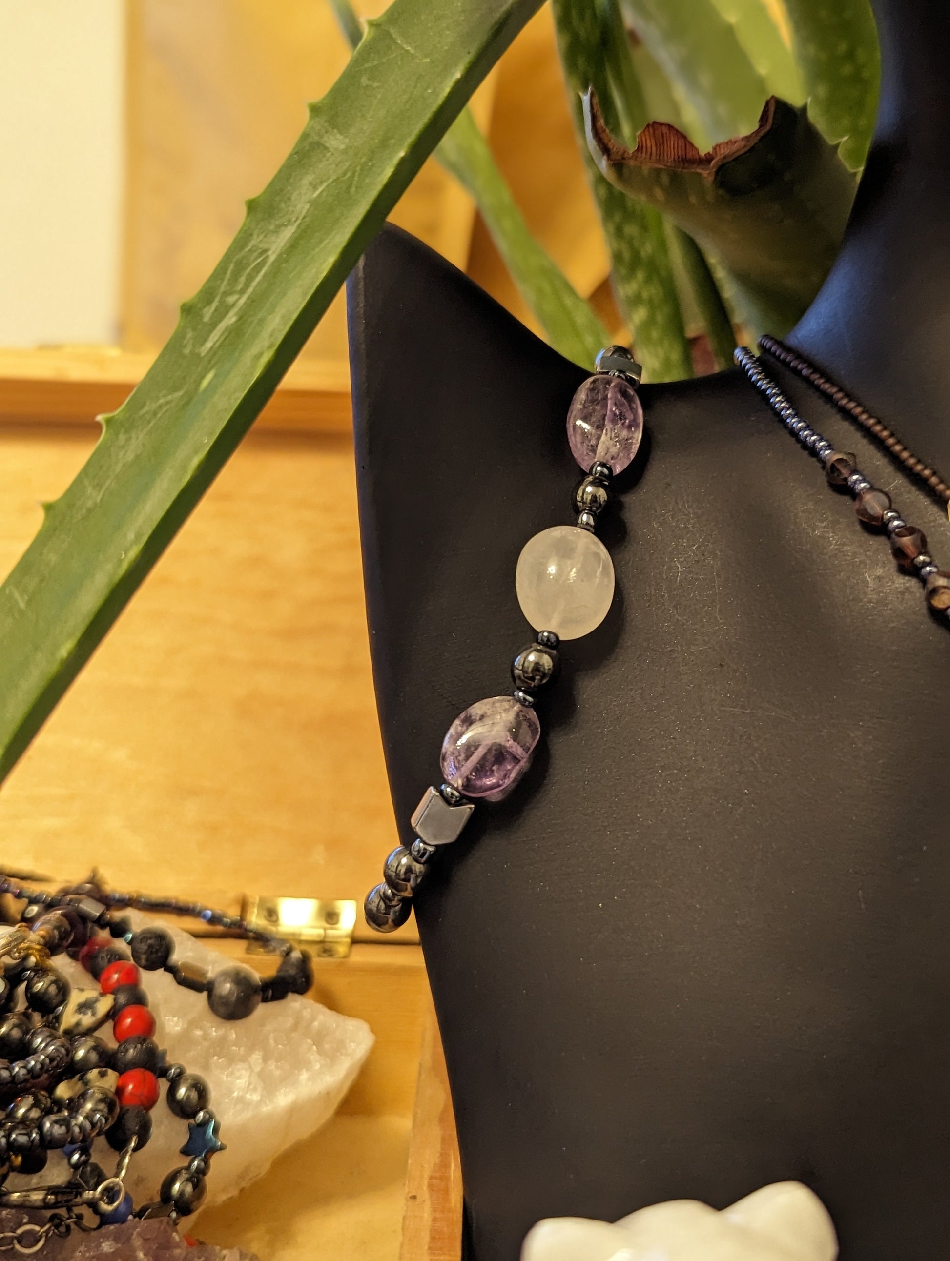 Gemstones Layered Set: Rose Quartz, Agate, Garnet and Amethyst Necklaces, Earrings and Bracelet with Glass Green Brown Beads