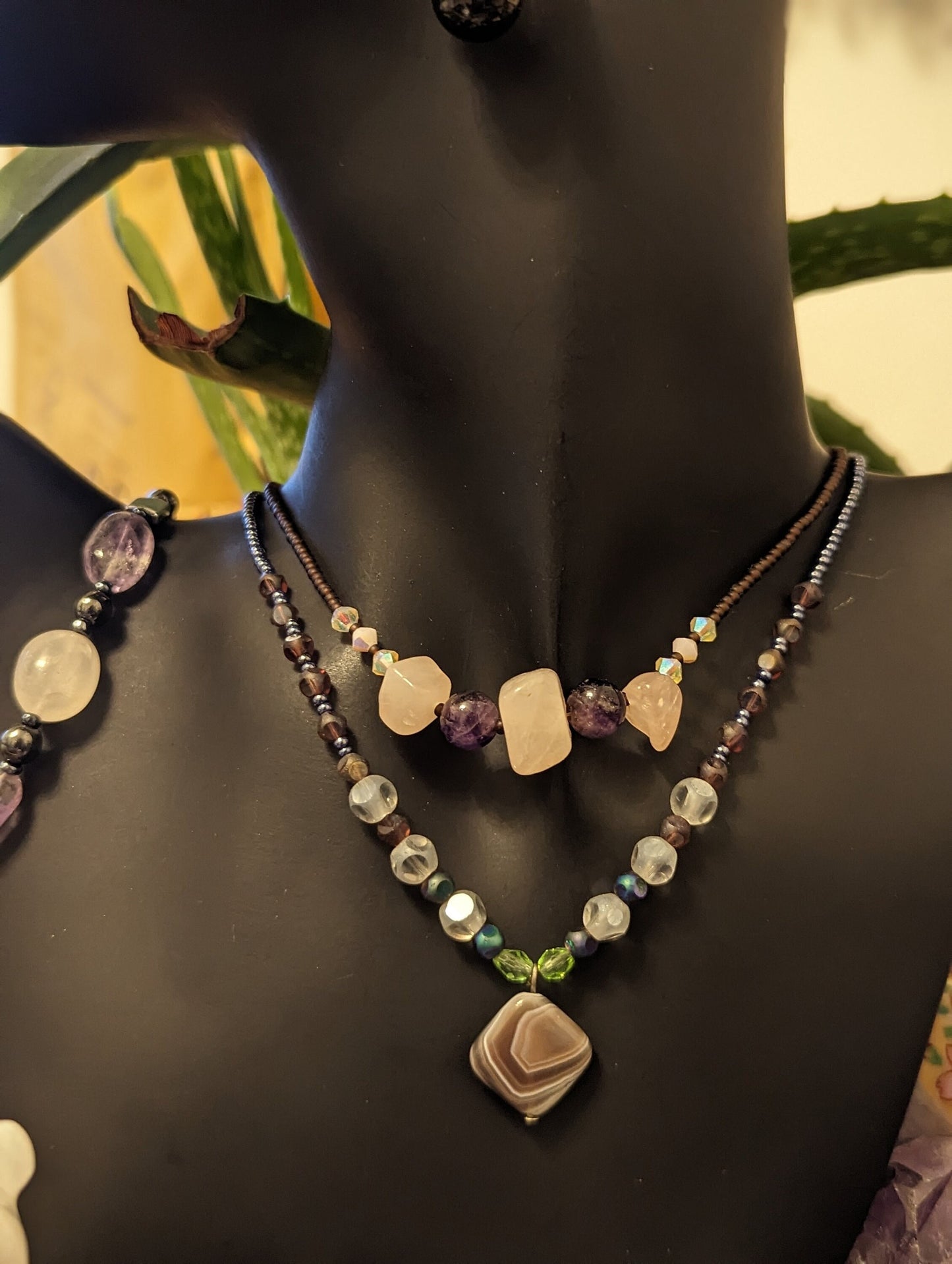 Gemstones Layered Set: Rose Quartz, Agate, Garnet and Amethyst Necklaces, Earrings and Bracelet with Glass Green Brown Beads