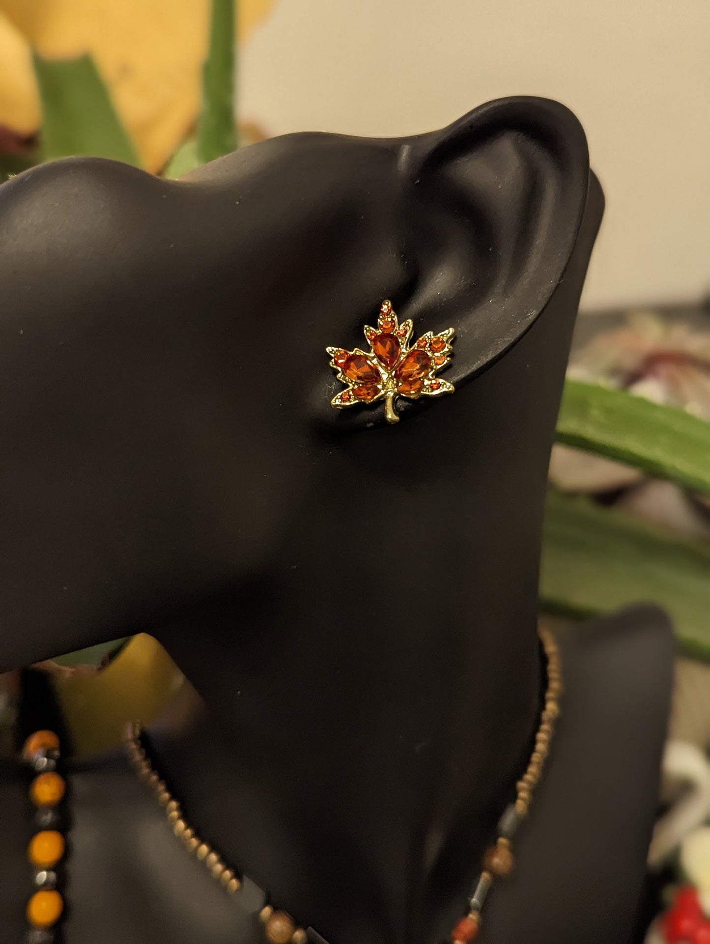 Arrow & Maple Set: Orange Arrow Pendant, Red Gemstones, Wooden and Brown Glass Beads, Orange Black Bracelet and Maple Leaf Earrings