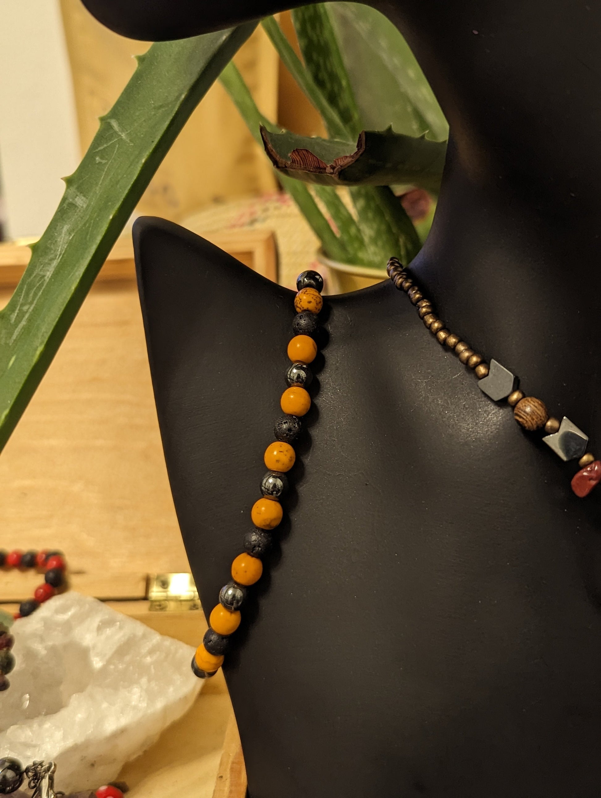 Arrow & Maple Set: Orange Arrow Pendant, Red Gemstones, Wooden and Brown Glass Beads, Orange Black Bracelet and Maple Leaf Earrings