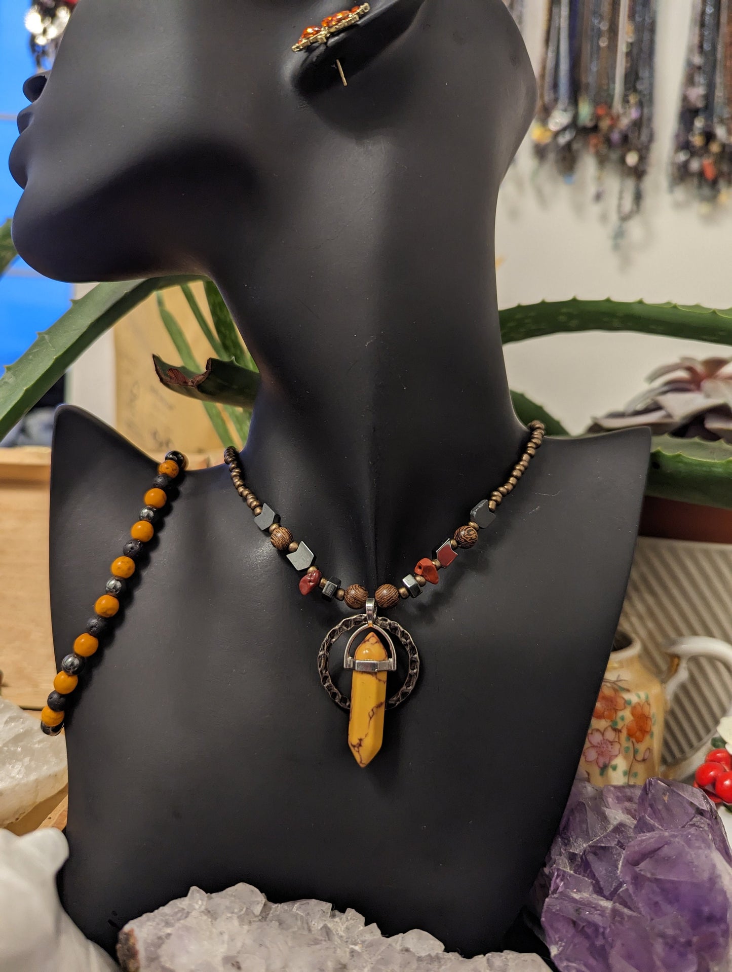 Arrow & Maple Set: Orange Arrow Pendant, Red Gemstones, Wooden and Brown Glass Beads, Orange Black Bracelet and Maple Leaf Earrings