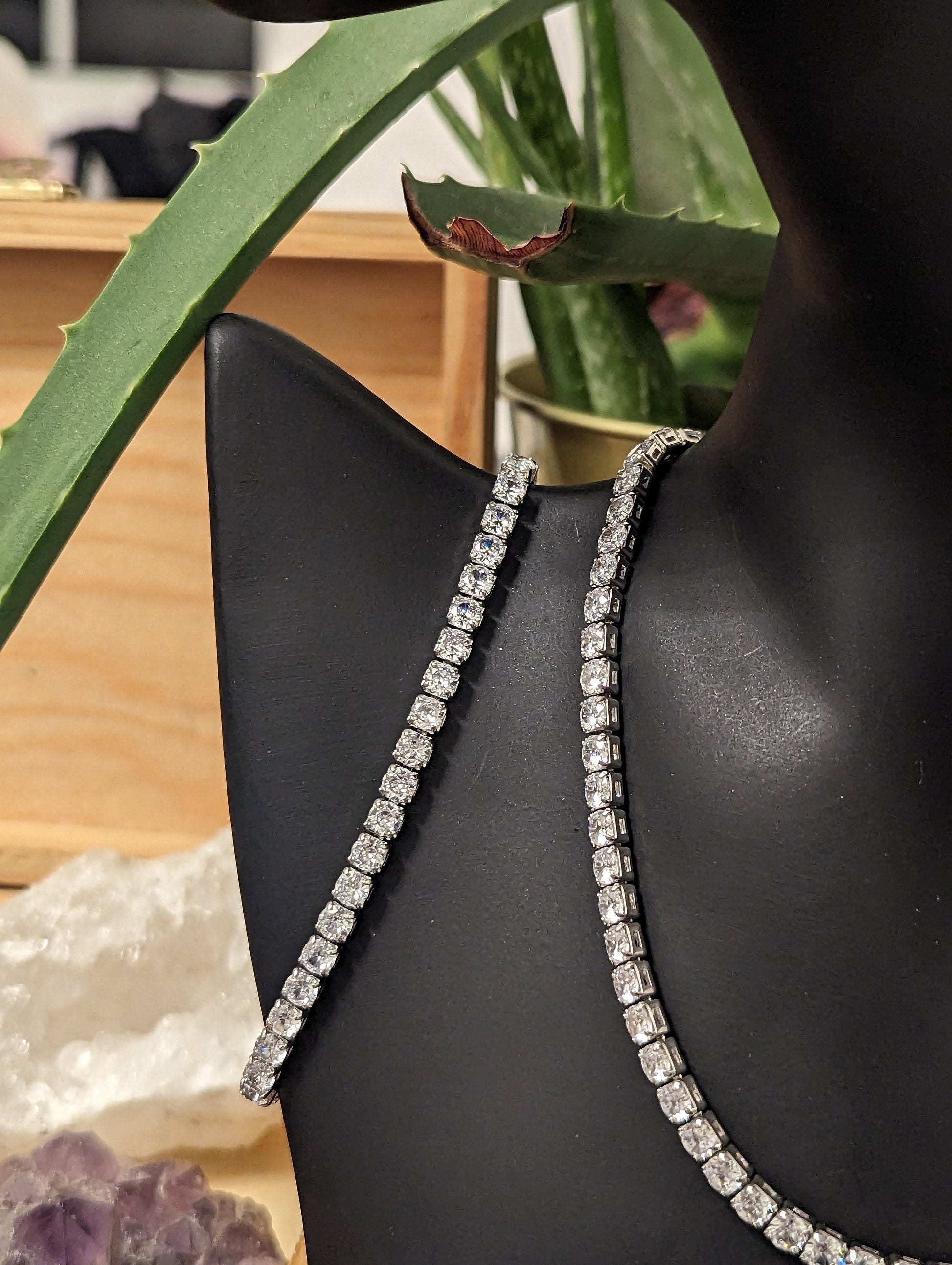 Zircon Crystal Set (1): with Stunning Silver White Shimmering Necklace, Bracelet and Sterling Silver and Glass Round Reflective Earrings