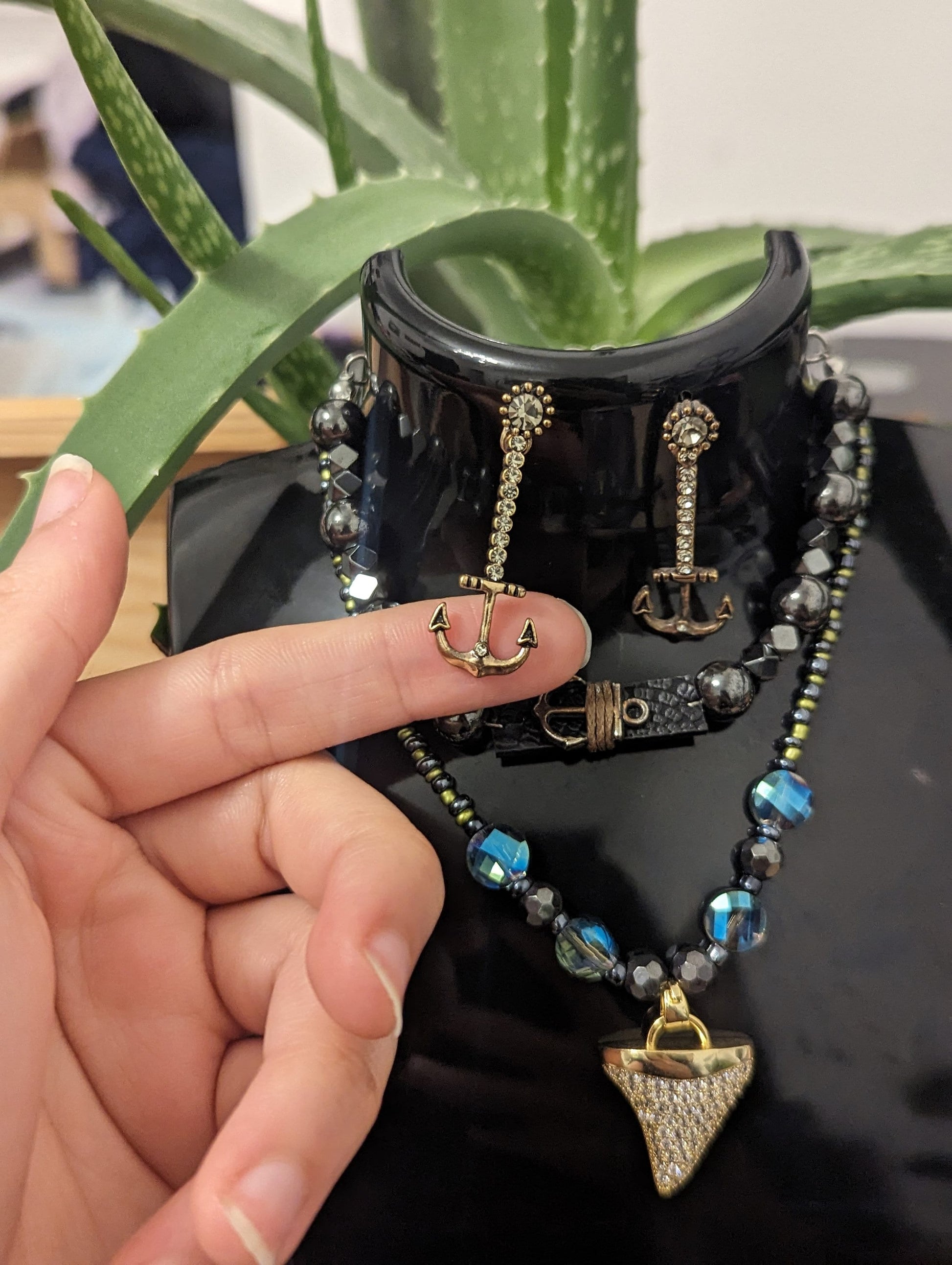 BERMUDA Ocean Set: Unisex Golden Shark Tooth Styled Pendant, Blue and Golden Green Beads, Anchor Drop Earrings and Hematite Styled Bracelet