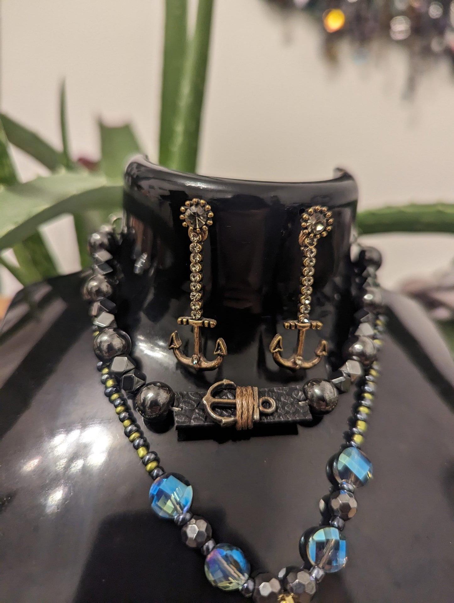 BERMUDA Ocean Set: Unisex Golden Shark Tooth Styled Pendant, Blue and Golden Green Beads, Anchor Drop Earrings and Hematite Styled Bracelet