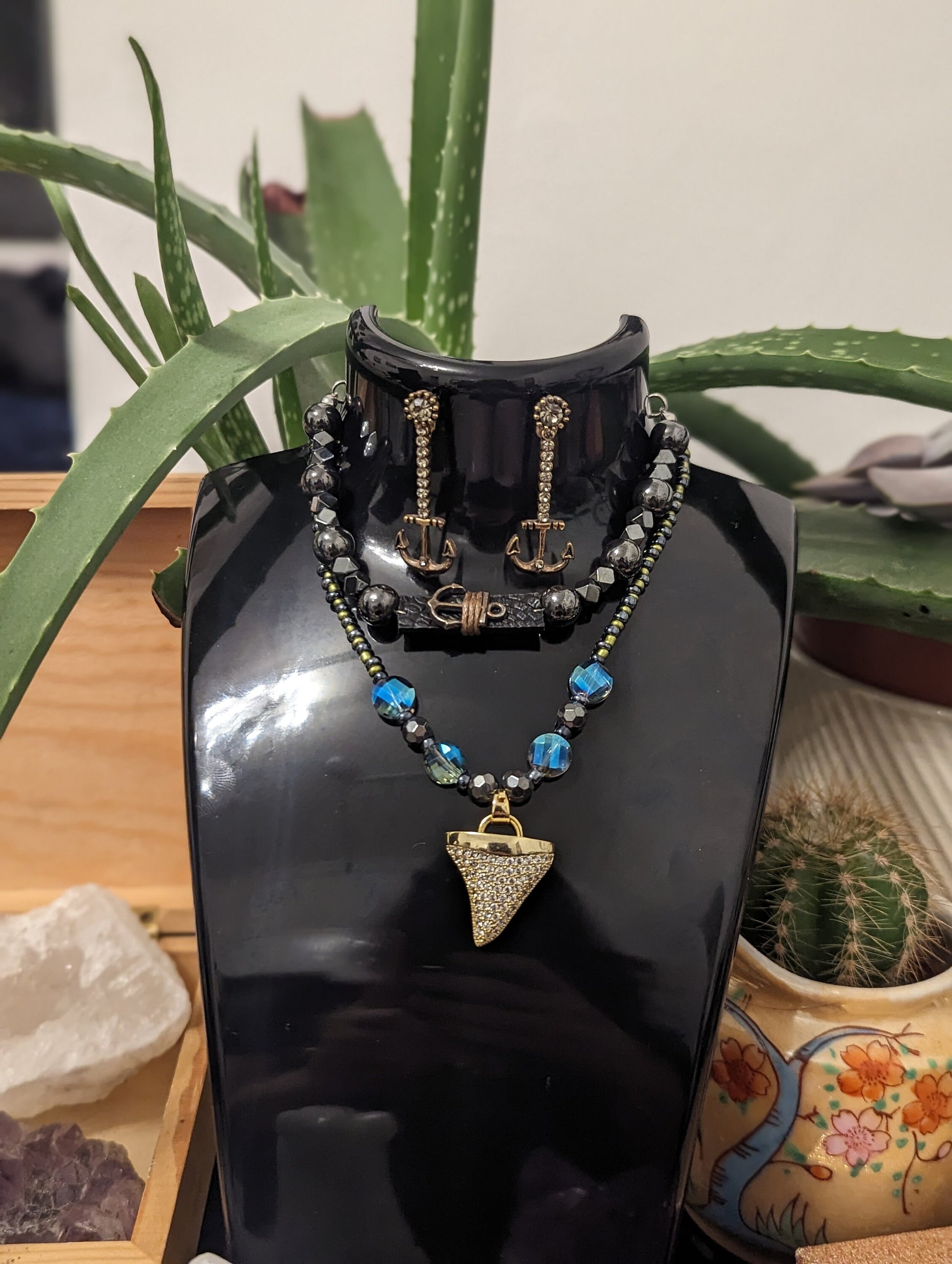 BERMUDA Ocean Set: Unisex Golden Shark Tooth Styled Pendant, Blue and Golden Green Beads, Anchor Drop Earrings and Hematite Styled Bracelet