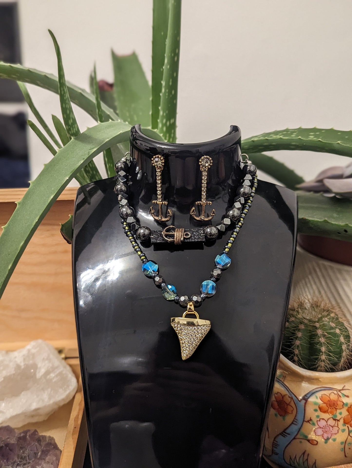 BERMUDA Ocean Set: Unisex Golden Shark Tooth Styled Pendant, Blue and Golden Green Beads, Anchor Drop Earrings and Hematite Styled Bracelet