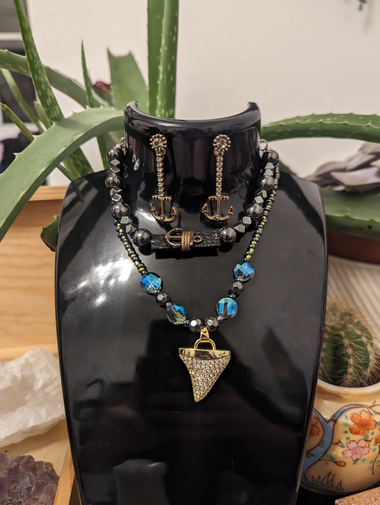 BERMUDA Ocean Set: Unisex Golden Shark Tooth Styled Pendant, Blue and Golden Green Beads, Anchor Drop Earrings and Hematite Styled Bracelet