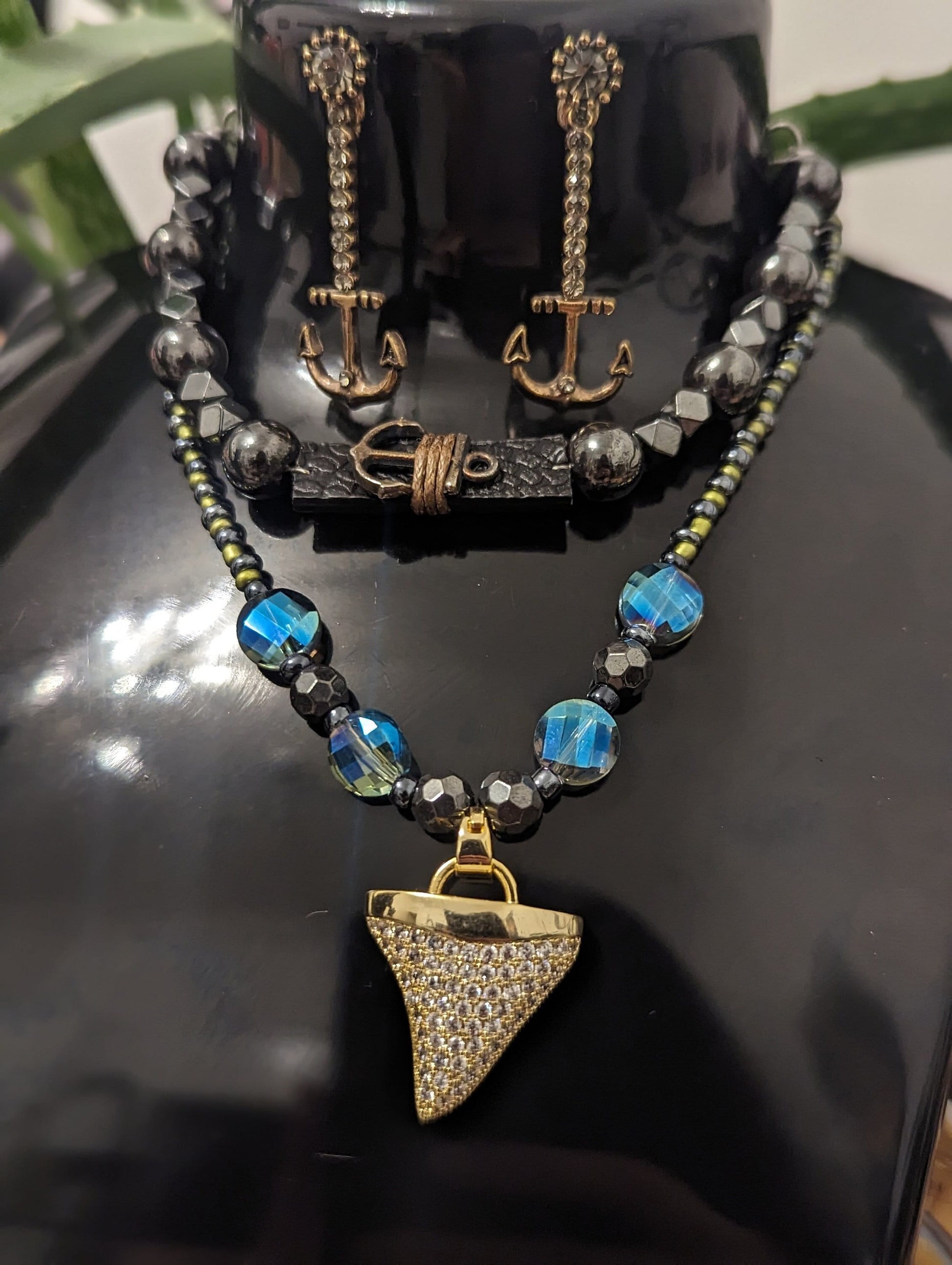 BERMUDA Ocean Set: Unisex Golden Shark Tooth Styled Pendant, Blue and Golden Green Beads, Anchor Drop Earrings and Hematite Styled Bracelet