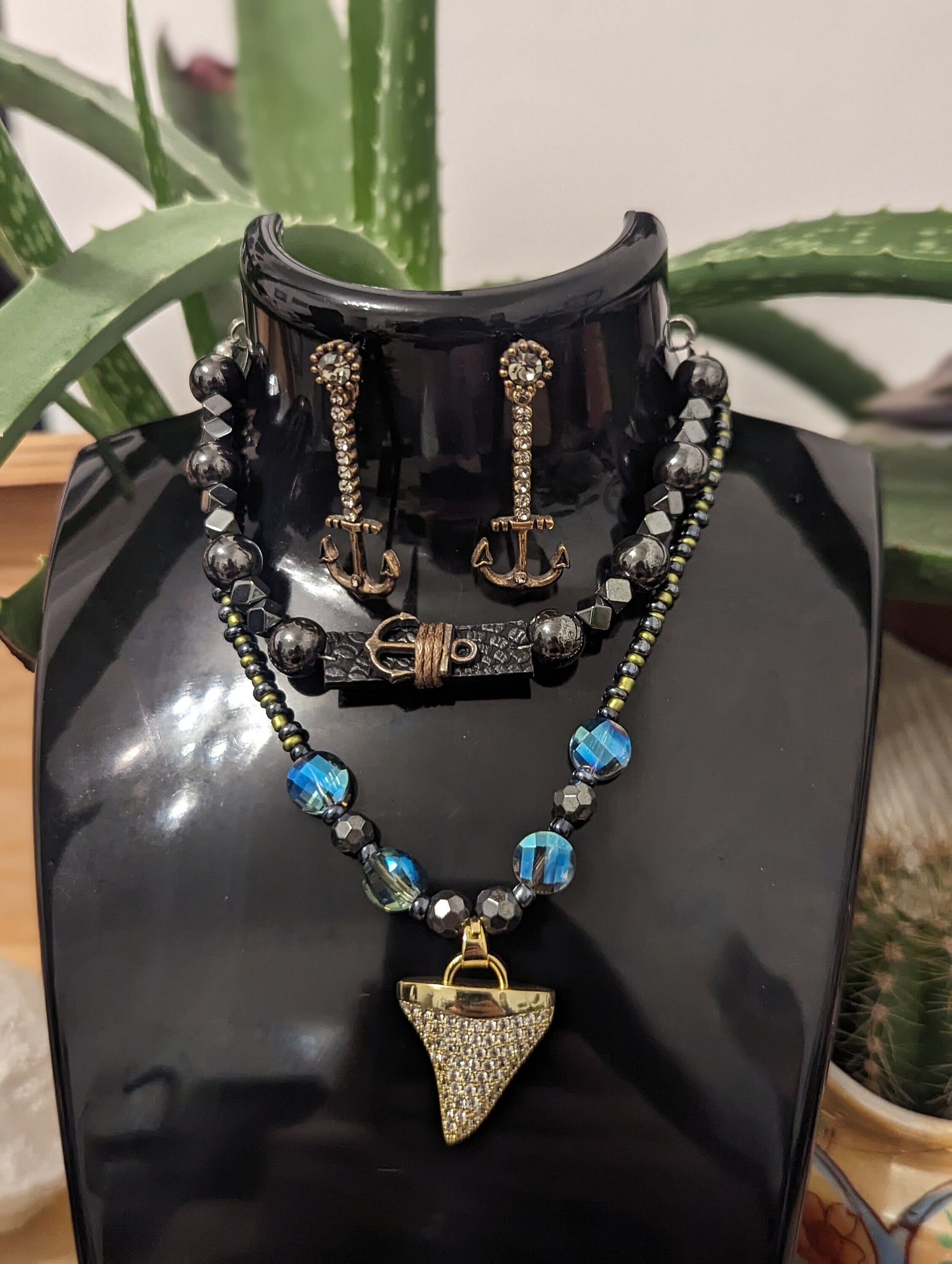 BERMUDA Ocean Set: Unisex Golden Shark Tooth Styled Pendant, Blue and Golden Green Beads, Anchor Drop Earrings and Hematite Styled Bracelet