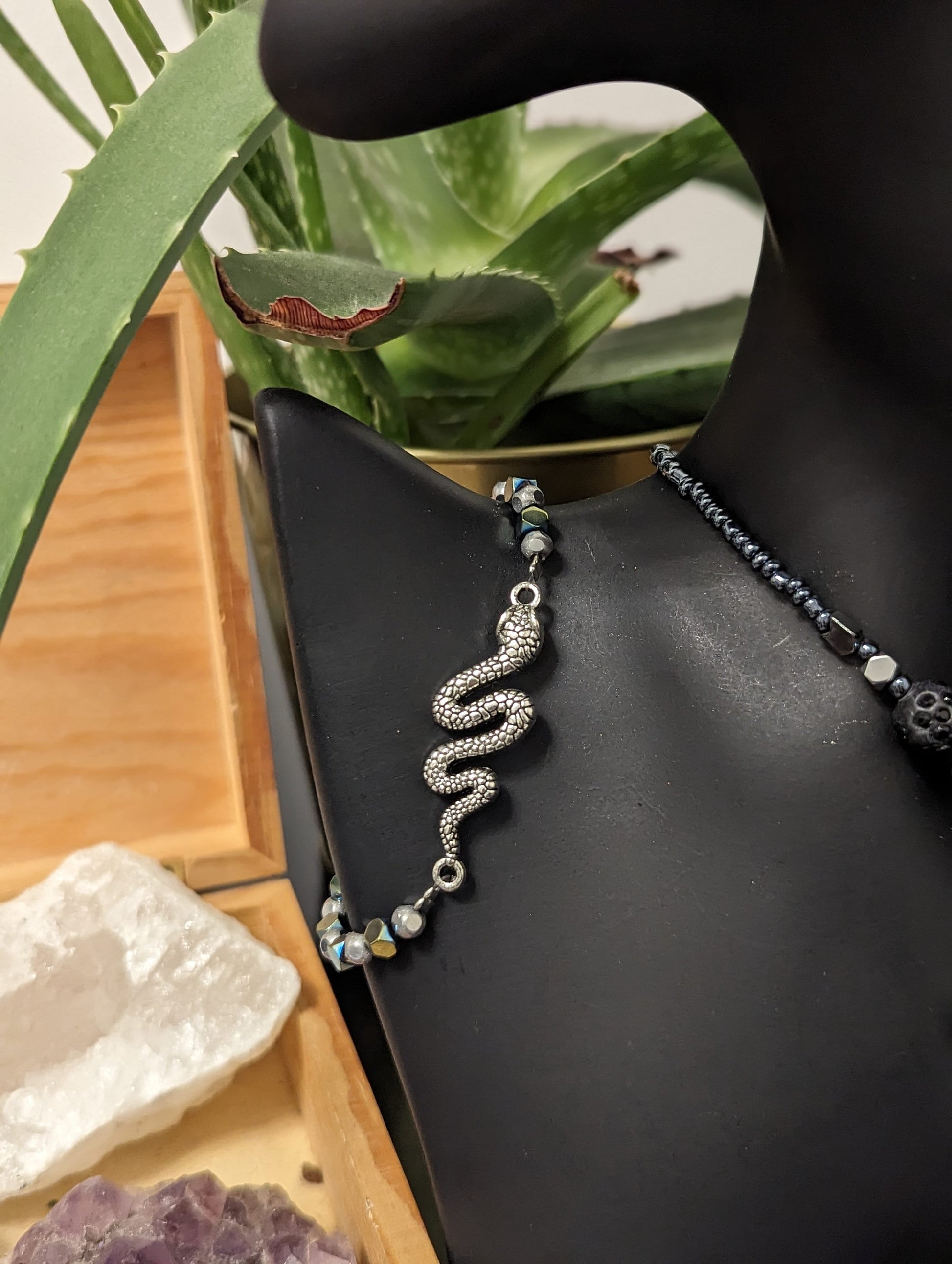 Snakes Unisex Set: Black Silver Shimmering Snake Pendant, Silver Snake Green Silver Bracelet and Silver Snake Earring with Green Eyes