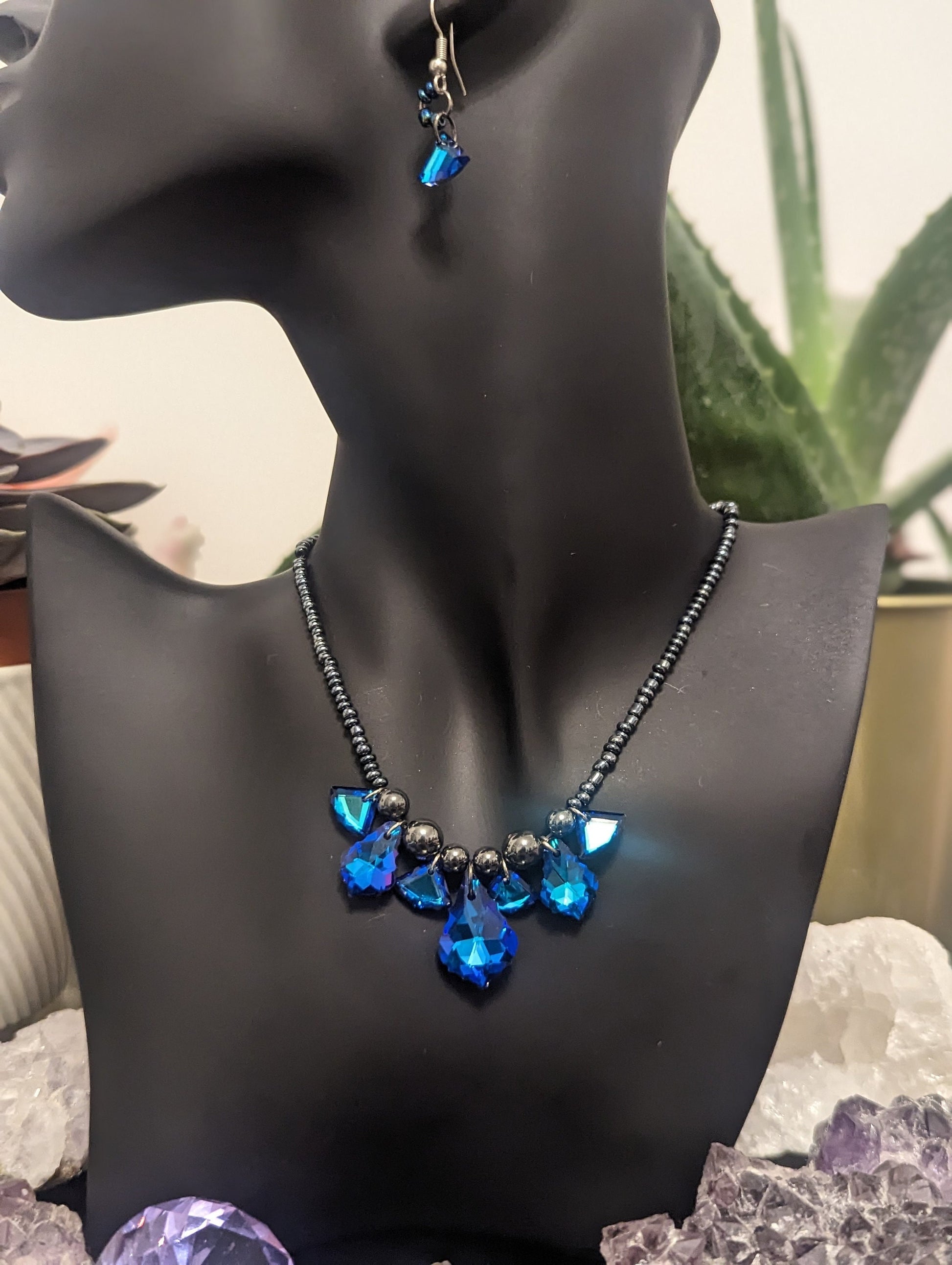 Truth Composition: Blue Purple Baroque Pendnts, Glass Blue Triangle Pendants and Dark Blue Glass Beads