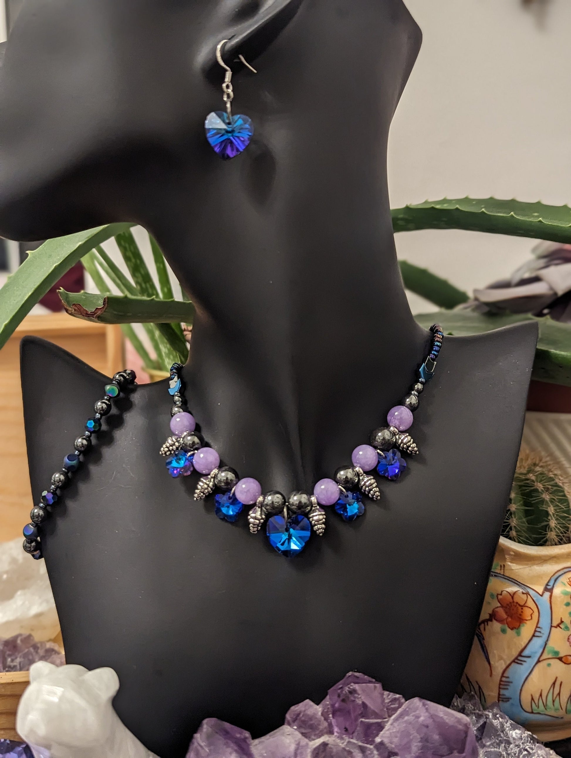 ISRAEL Pinecone Love Set: Blue Purple Hearts, Flowers and Silver Pinecone Pendants, Gemstones, Hematite Styled Beads. Earrings and Necklace