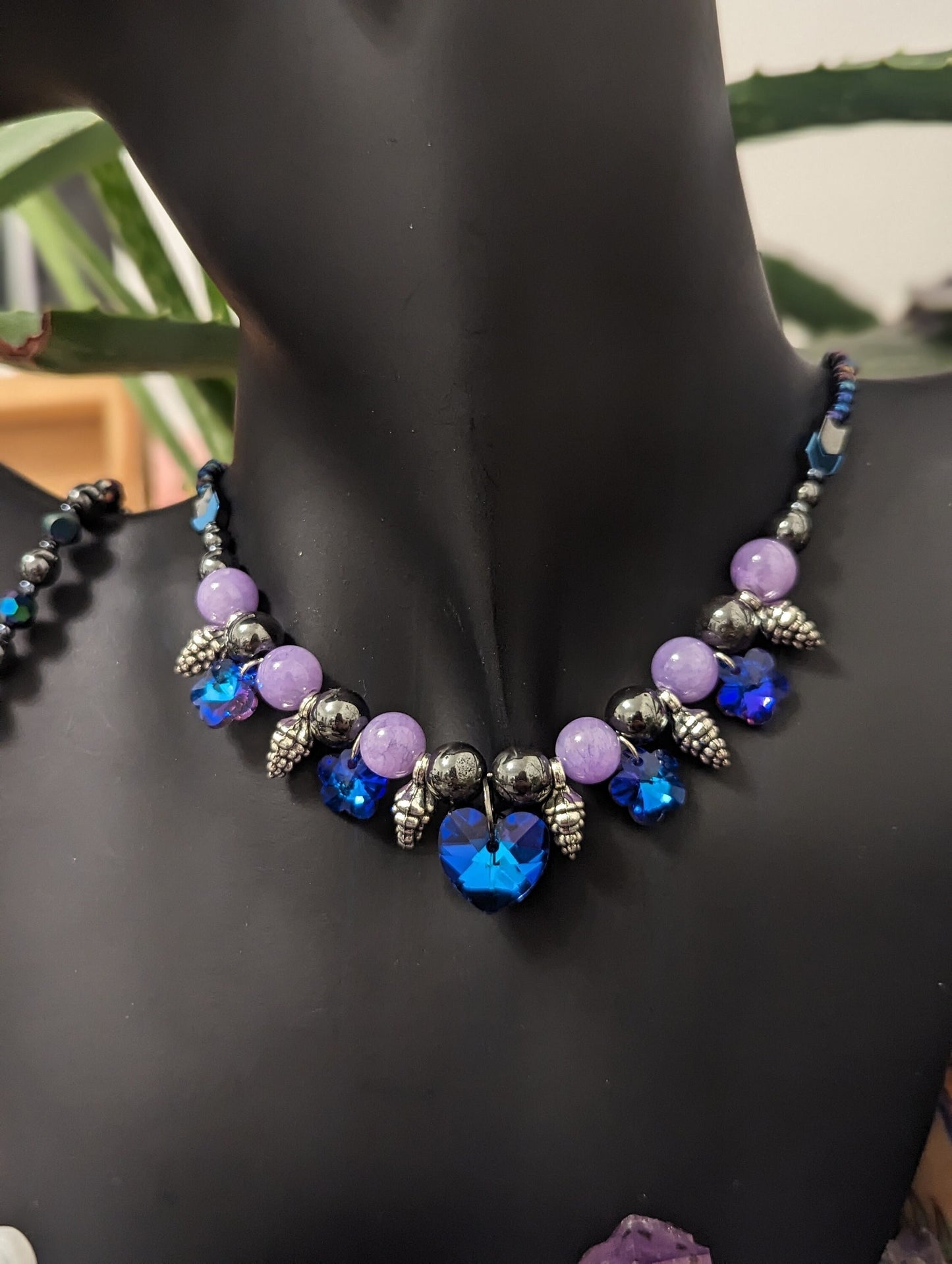 ISRAEL Pinecone Love Set: Blue Purple Hearts, Flowers and Silver Pinecone Pendants, Gemstones, Hematite Styled Beads. Earrings and Necklace