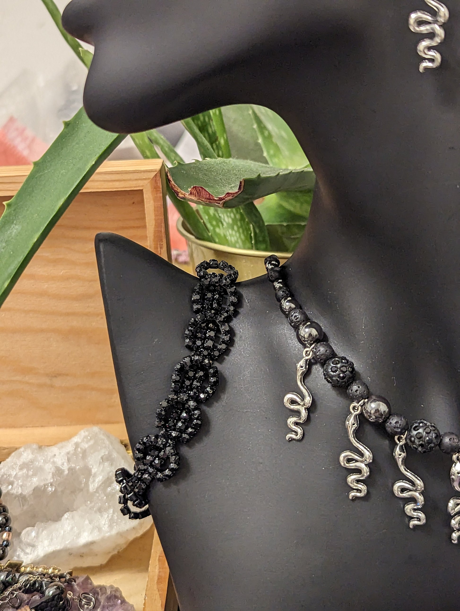 Snakes Goth Set: 7 Silver Snake Pendants and Black Beaded Necklace, Silver Snake Earrings and Black Shimmering Bracelet