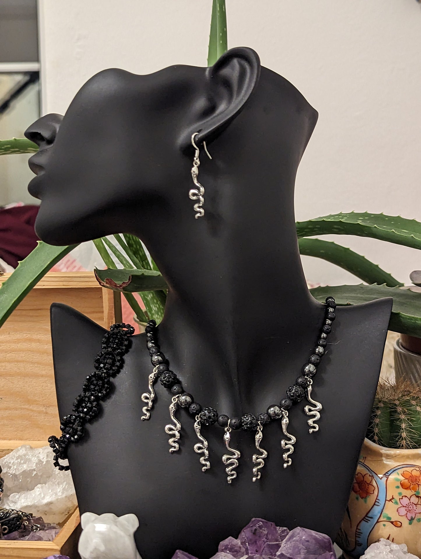 Snakes Goth Set: 7 Silver Snake Pendants and Black Beaded Necklace, Silver Snake Earrings and Black Shimmering Bracelet