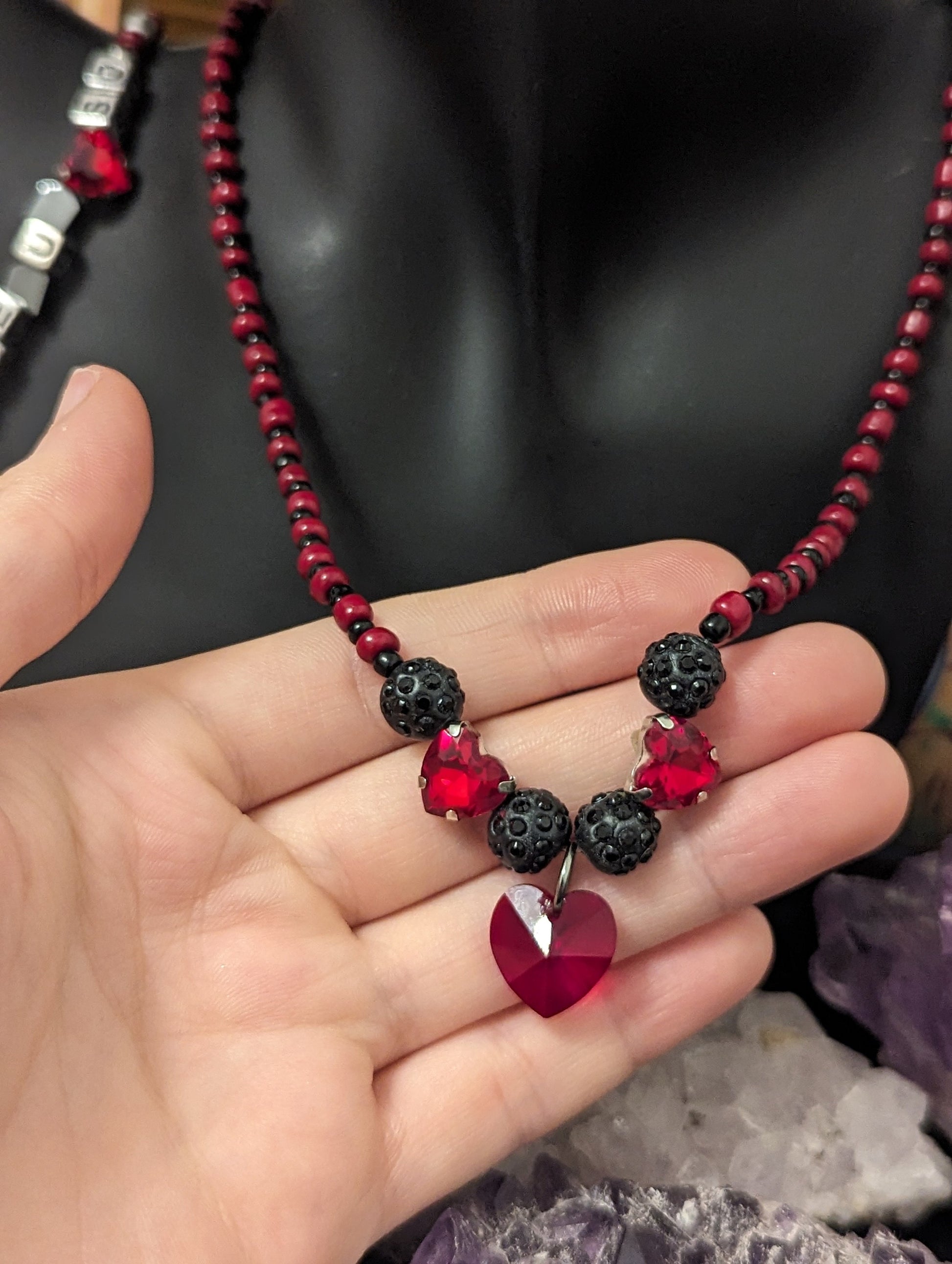 Red Black Love Set: Red Heart Pendants and Black Red Glass Beaded Necklace, LOVE YOU SO Beaded Bracelet and Silver Red Heart Earrings