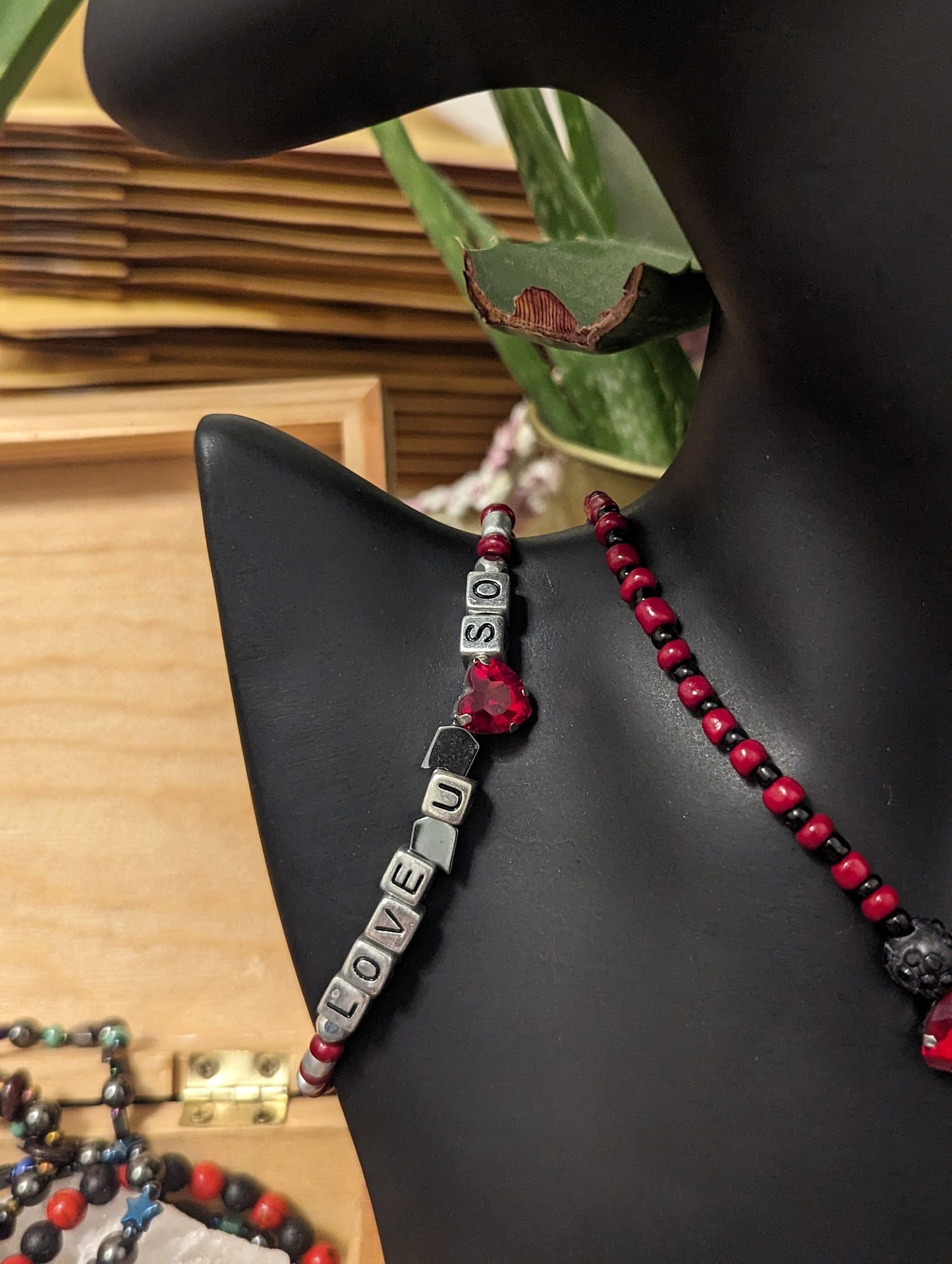 Red Black Love Set: Red Heart Pendants and Black Red Glass Beaded Necklace, LOVE YOU SO Beaded Bracelet and Silver Red Heart Earrings