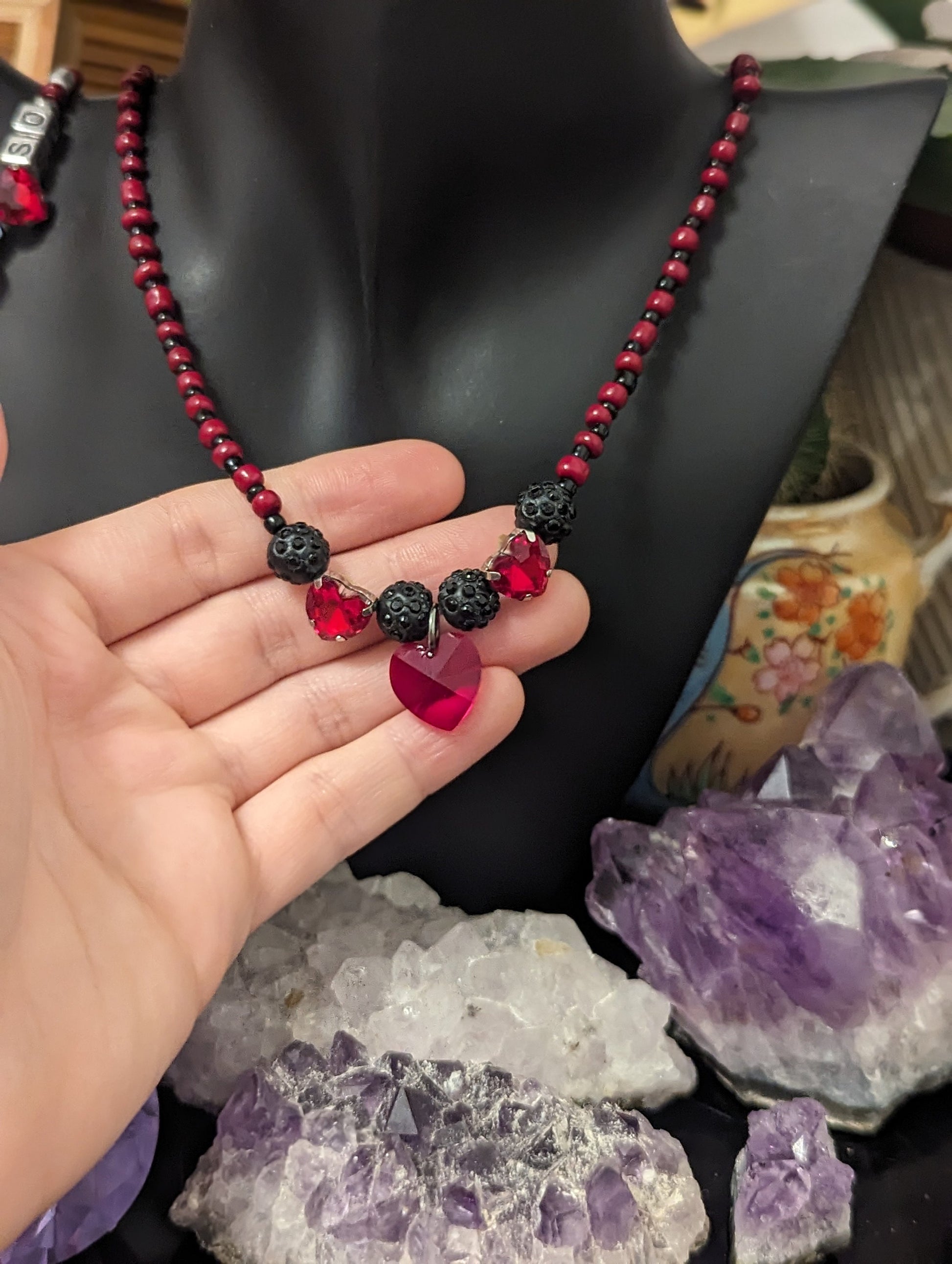 Red Black Love Set: Red Heart Pendants and Black Red Glass Beaded Necklace, LOVE YOU SO Beaded Bracelet and Silver Red Heart Earrings