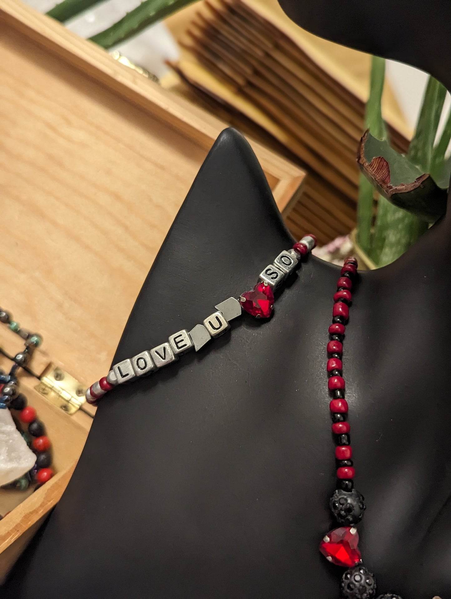 Red Black Love Set: Red Heart Pendants and Black Red Glass Beaded Necklace, LOVE YOU SO Beaded Bracelet and Silver Red Heart Earrings