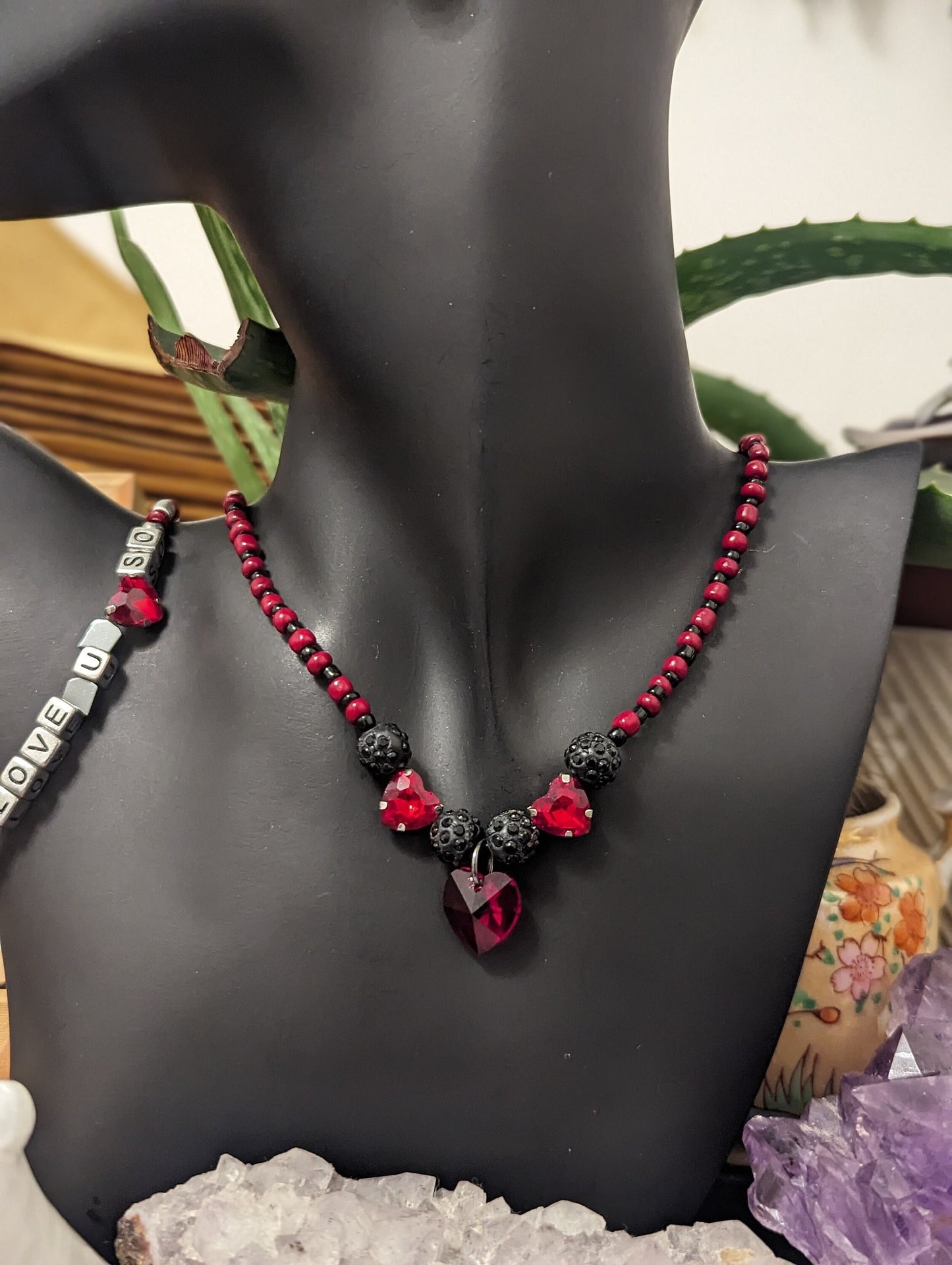 Red Black Love Set: Red Heart Pendants and Black Red Glass Beaded Necklace, LOVE YOU SO Beaded Bracelet and Silver Red Heart Earrings