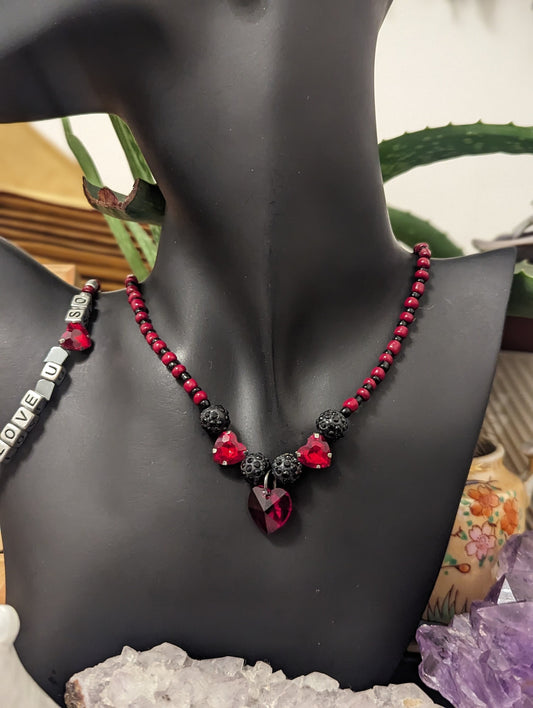 Red Black Love Set: Red Heart Pendants and Black Red Glass Beaded Necklace, LOVE YOU SO Beaded Bracelet and Silver Red Heart Earrings