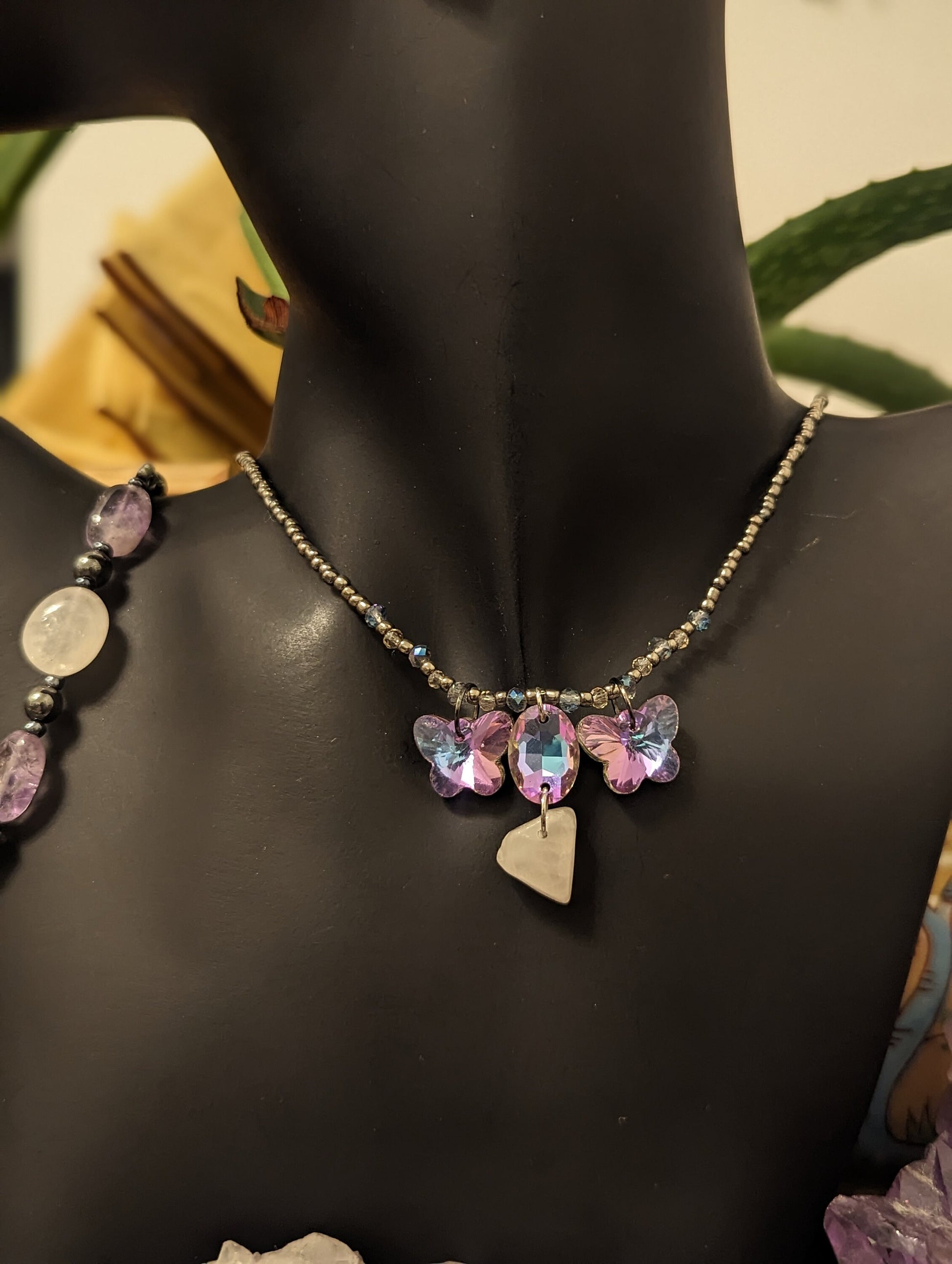 Spring Set: Necklace, Earrings and Bracelet with Glass Pink Butterfly Shimmering Pendants, Rose Quartz and Amethyst Gemstones and Beads