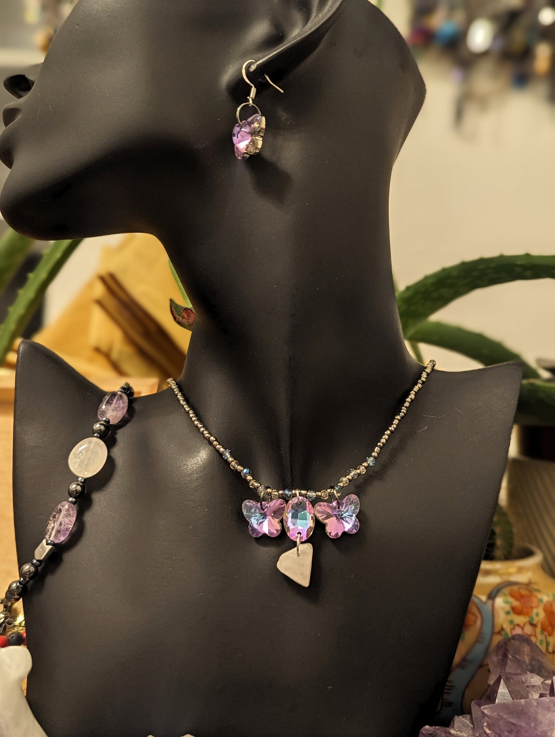 Spring Set: Necklace, Earrings and Bracelet with Glass Pink Butterfly Shimmering Pendants, Rose Quartz and Amethyst Gemstones and Beads