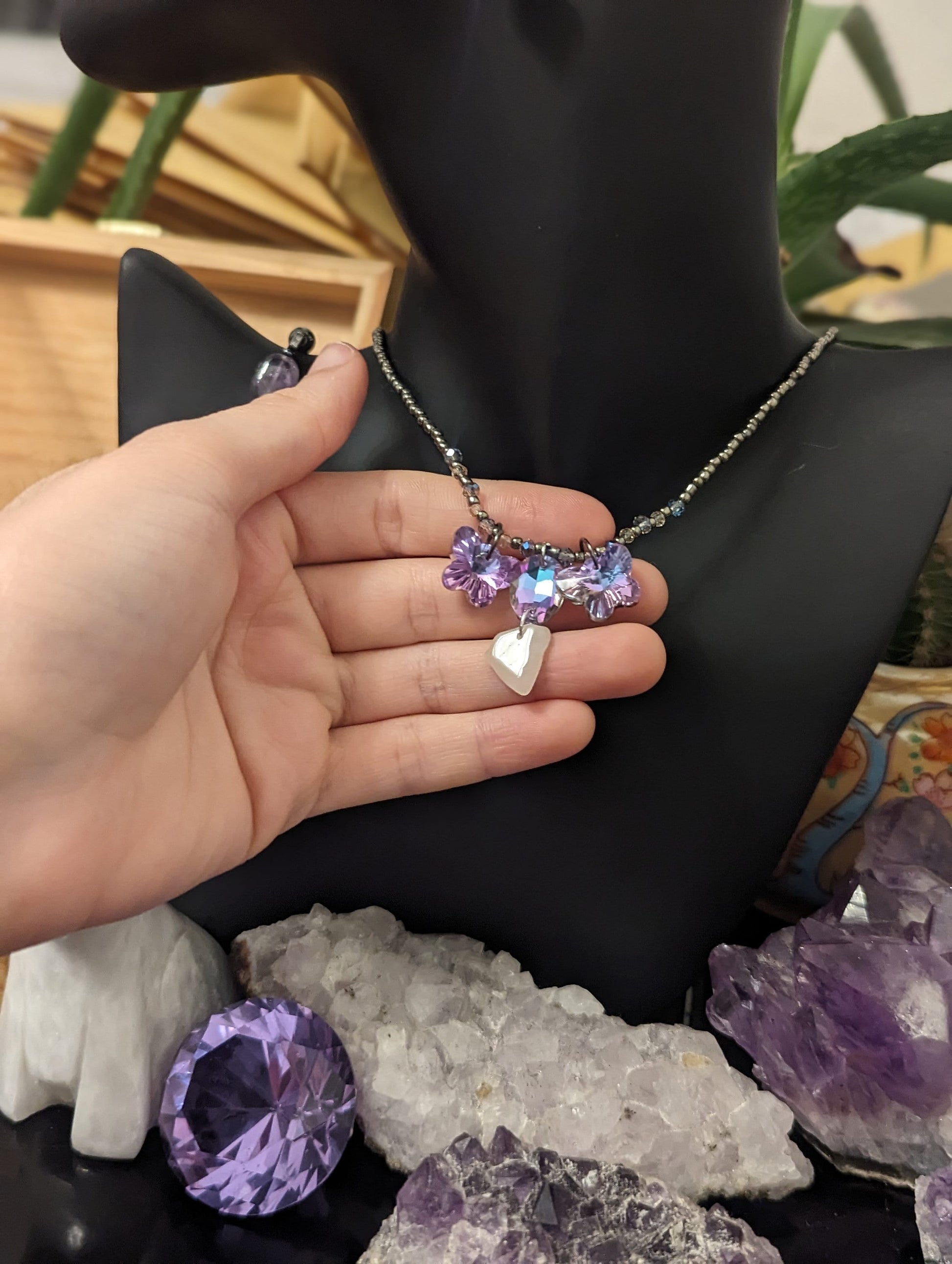 Spring Set: Necklace, Earrings and Bracelet with Glass Pink Butterfly Shimmering Pendants, Rose Quartz and Amethyst Gemstones and Beads