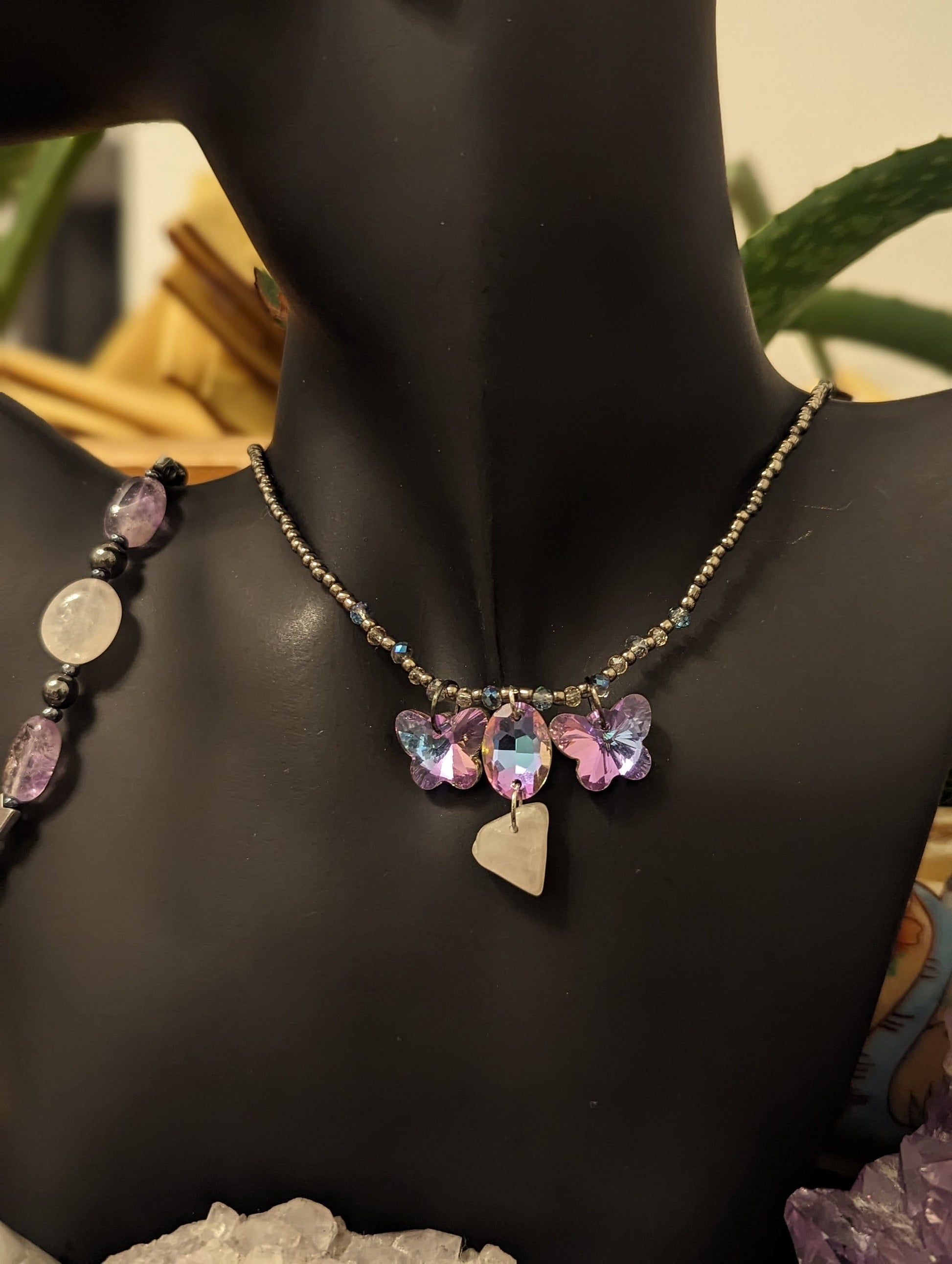 Spring Set: Necklace, Earrings and Bracelet with Glass Pink Butterfly Shimmering Pendants, Rose Quartz and Amethyst Gemstones and Beads