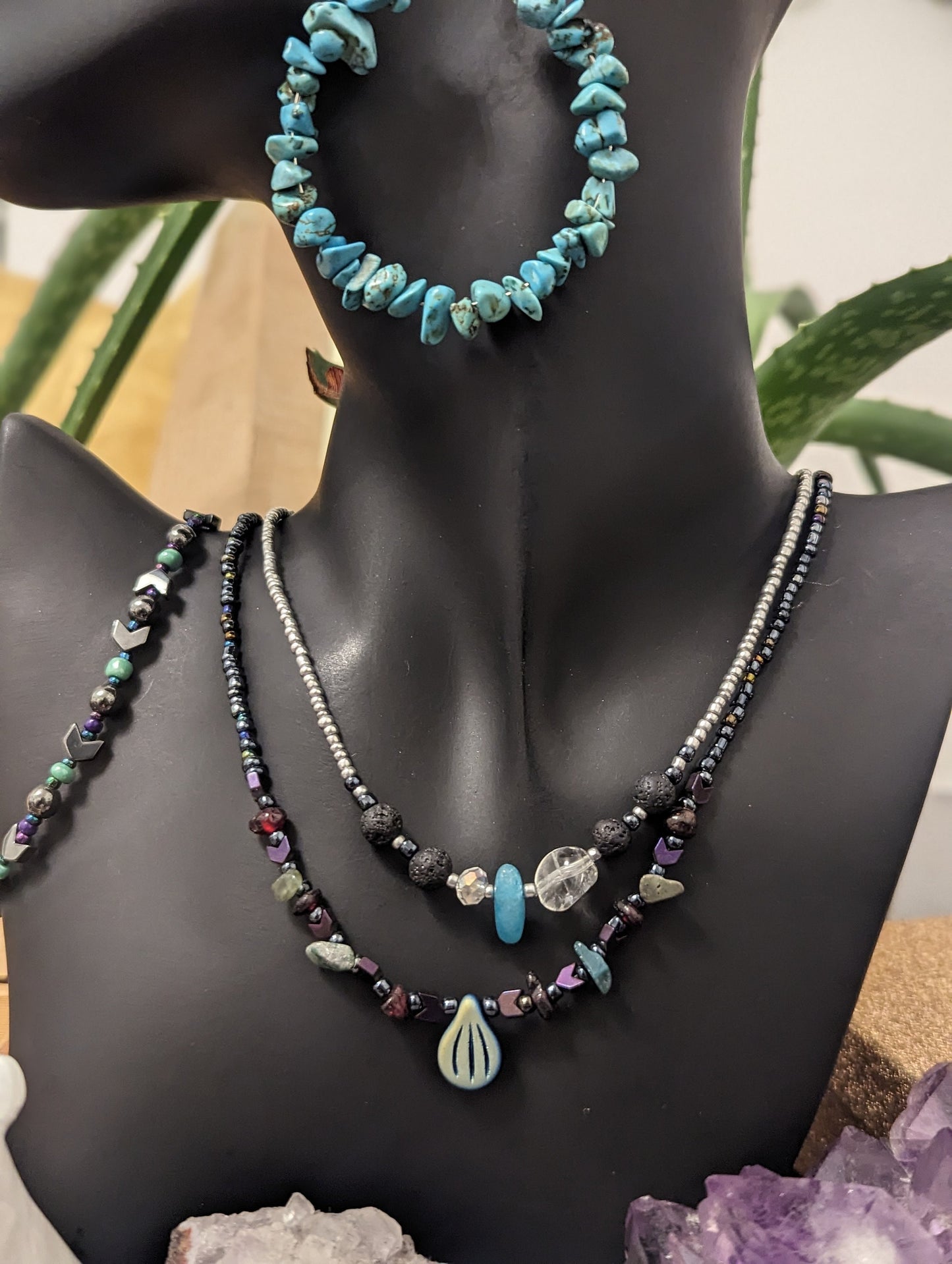 Sea Crystals Layers: 2 Necklaces with Clear Quartz, Light Blue Gemstone, Blue Shell Pendants, Garnet, Blue Gemstones, Turquoise Earrings