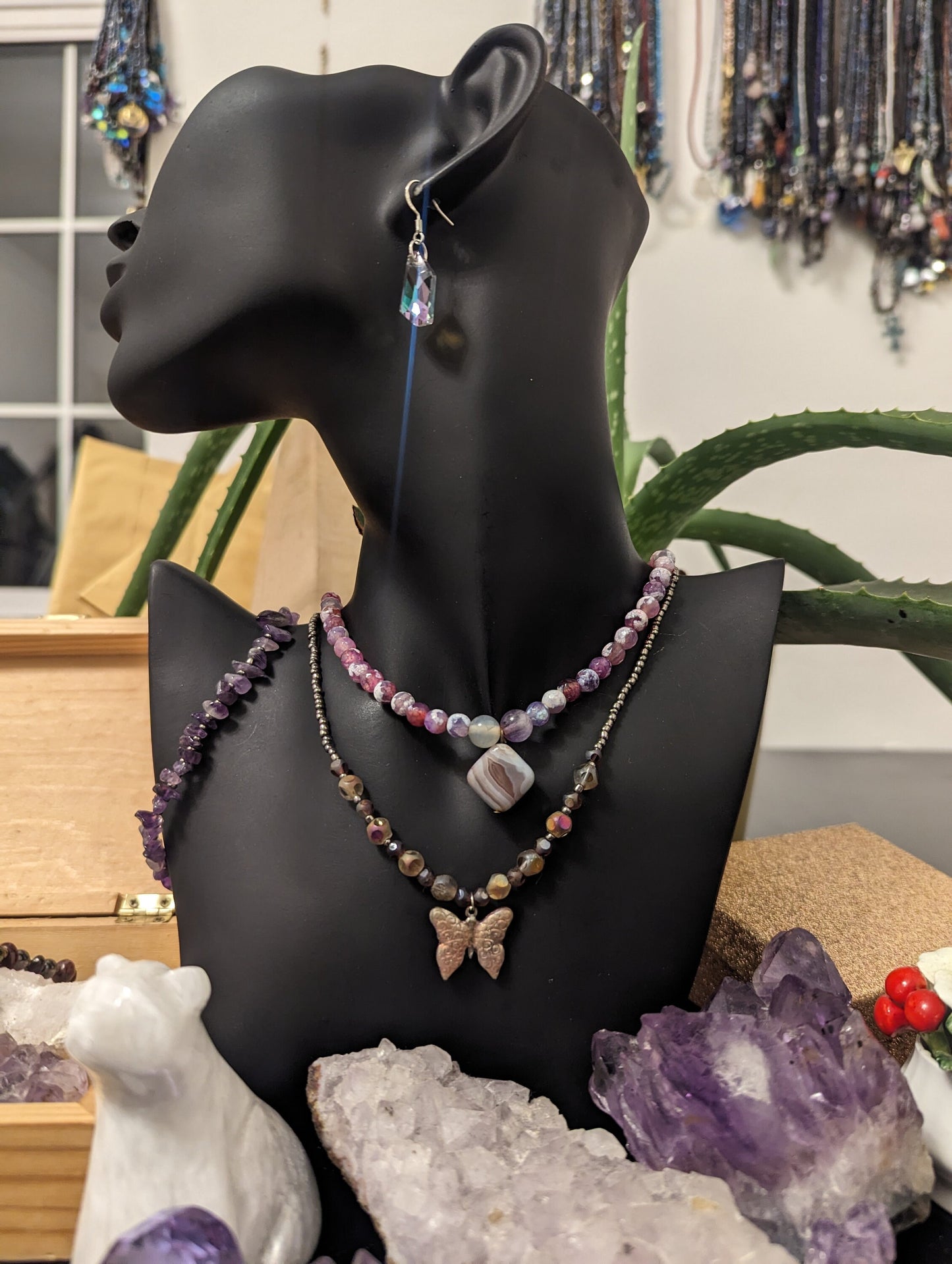 Pink Layers: Pink Gemstone Beads and Silver Agate Pendant, Pink Butterfly Pendant, Amethyst Bracelet and Rhombic Glass Earrings