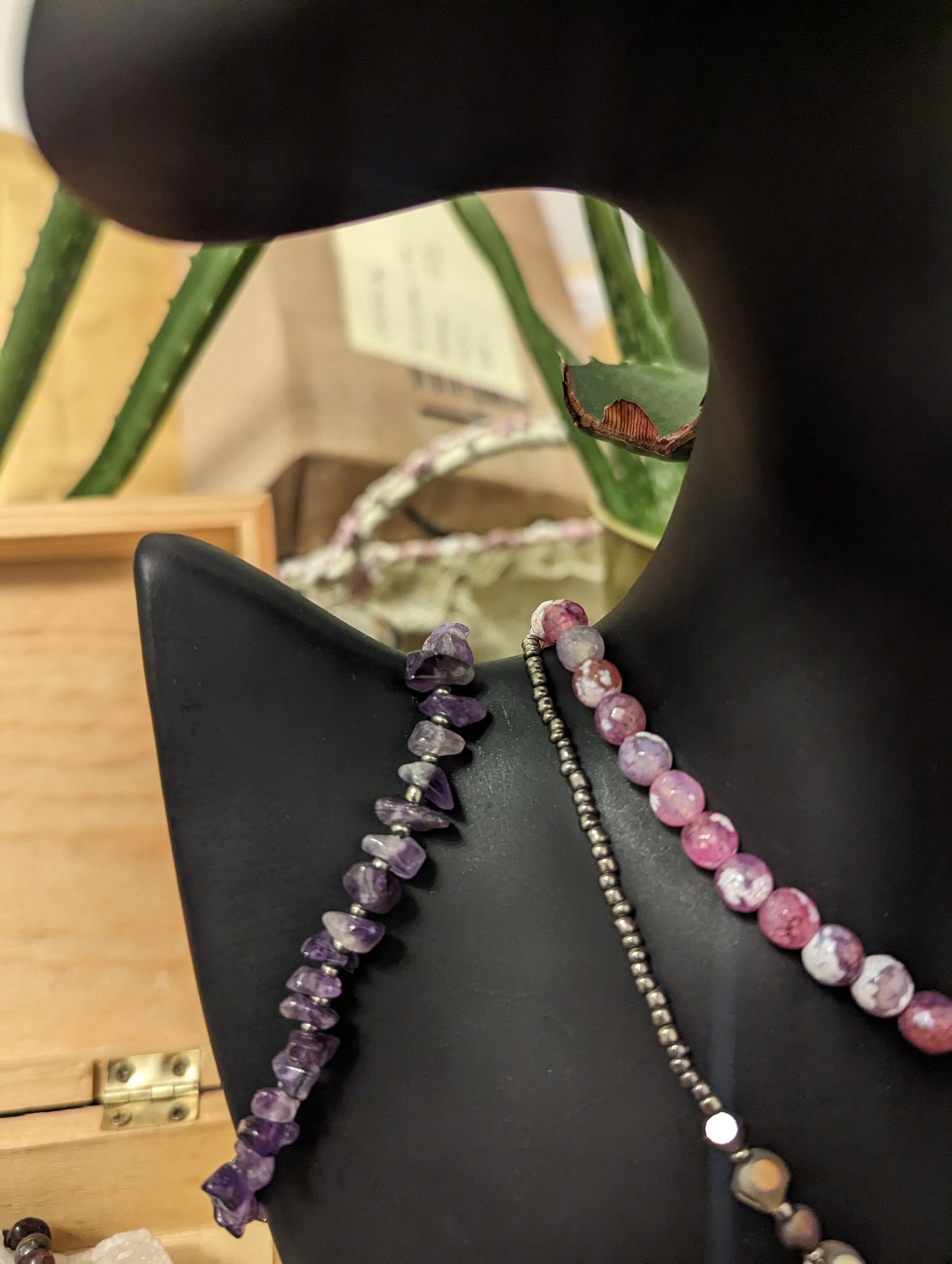 Pink Layers: Pink Gemstone Beads and Silver Agate Pendant, Pink Butterfly Pendant, Amethyst Bracelet and Rhombic Glass Earrings