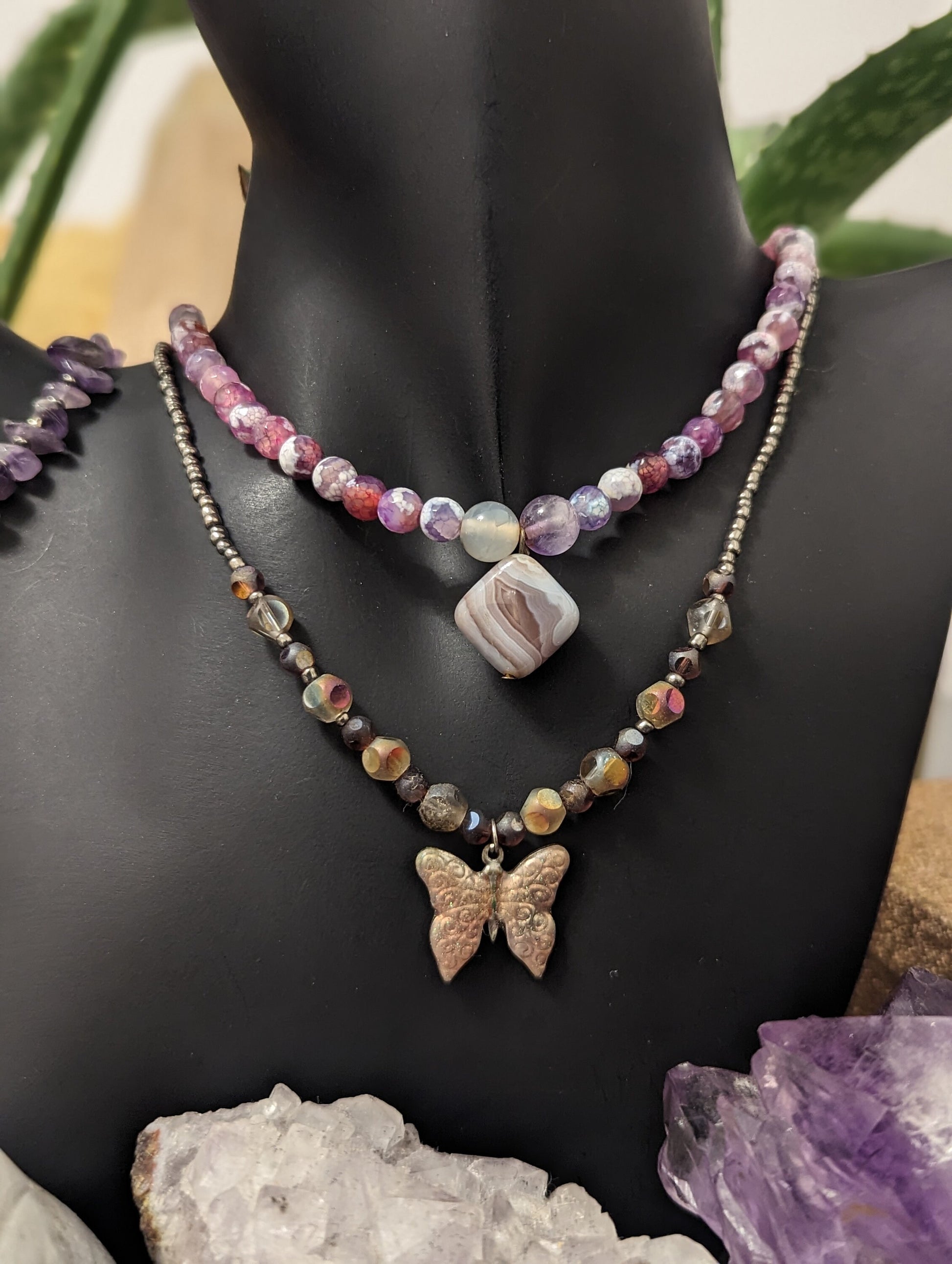 Pink Layers: Pink Gemstone Beads and Silver Agate Pendant, Pink Butterfly Pendant, Amethyst Bracelet and Rhombic Glass Earrings