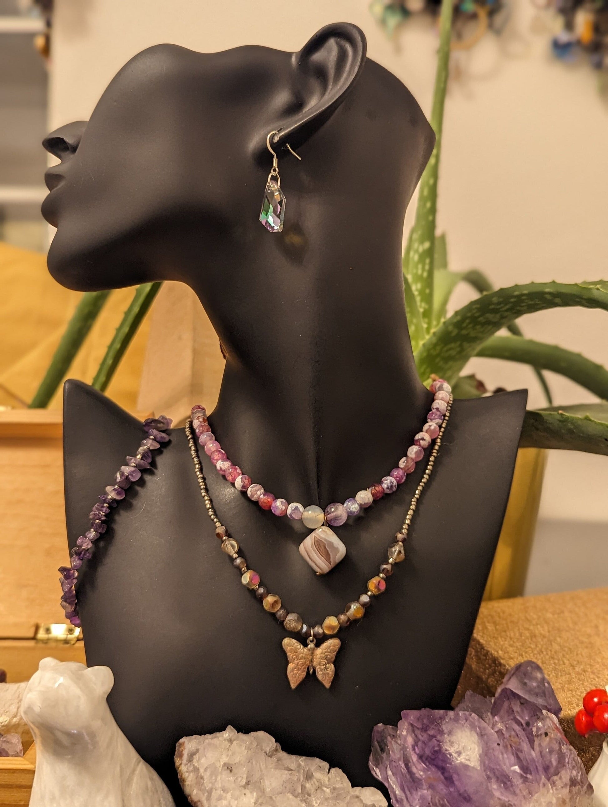 Pink Layers: Pink Gemstone Beads and Silver Agate Pendant, Pink Butterfly Pendant, Amethyst Bracelet and Rhombic Glass Earrings