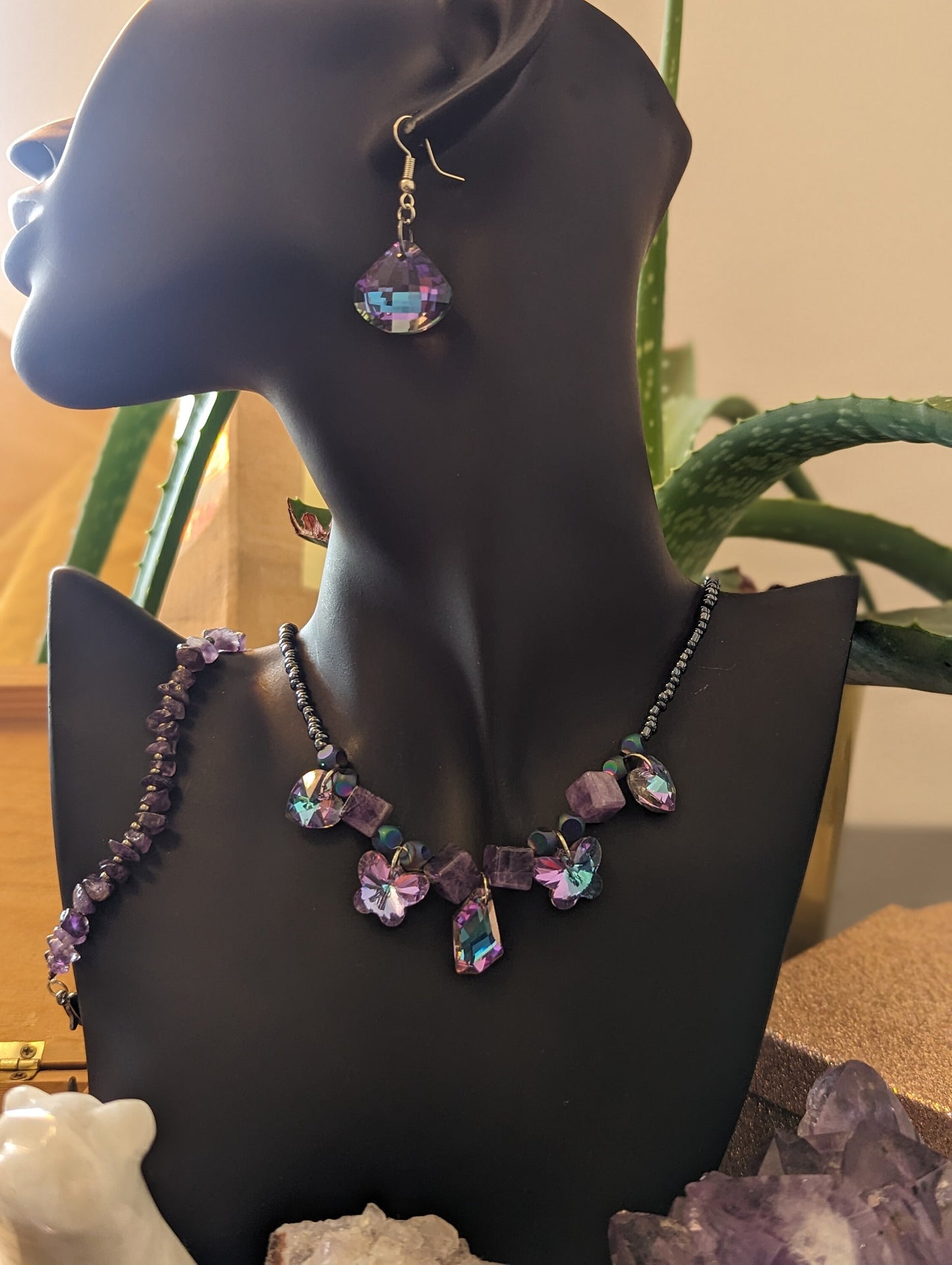 Happiness Composition: Lilac Rhombic Pendant, Amethyst Cubes, Lilac Butterfly and Lilac Pink Light Blue Pendants with Dark Blue Glass Beads