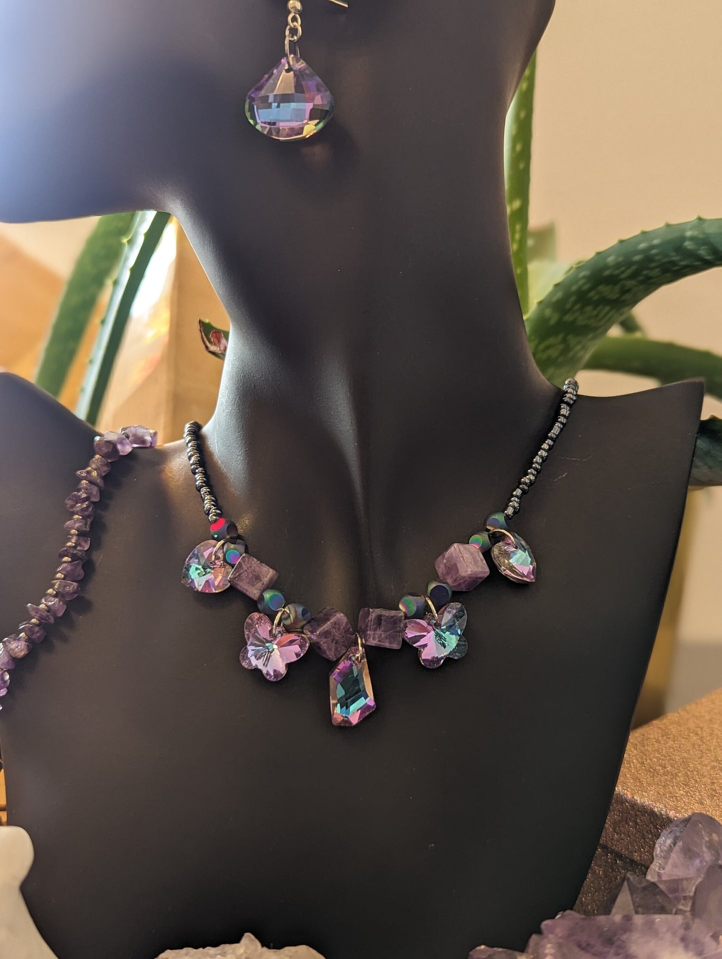 Happiness Composition: Lilac Rhombic Pendant, Amethyst Cubes, Lilac Butterfly and Lilac Pink Light Blue Pendants with Dark Blue Glass Beads