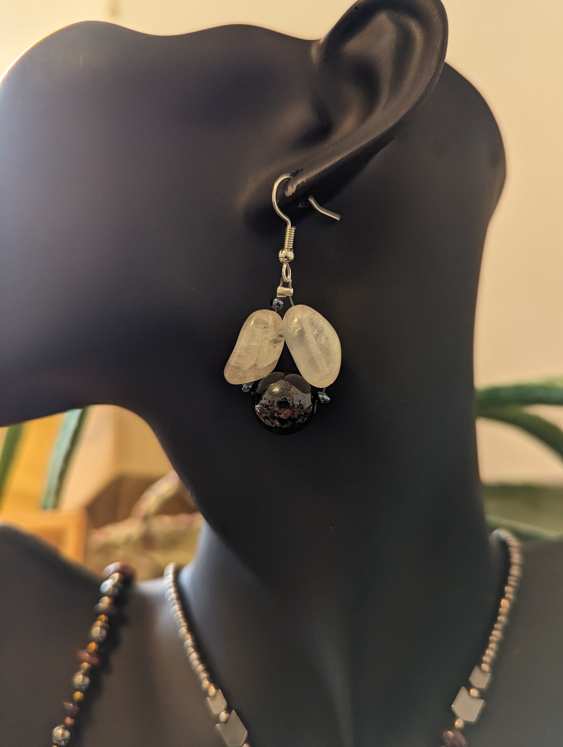 Silver Garnet Set: Garnet Pendant, Garnet beaded Bracelet and Necklace with Silver Glass beads and Earrings with Garnet and Rose Quartz