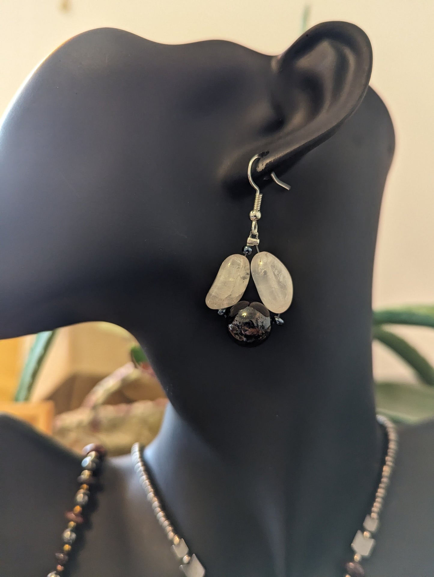 Silver Garnet Set: Garnet Pendant, Garnet beaded Bracelet and Necklace with Silver Glass beads and Earrings with Garnet and Rose Quartz