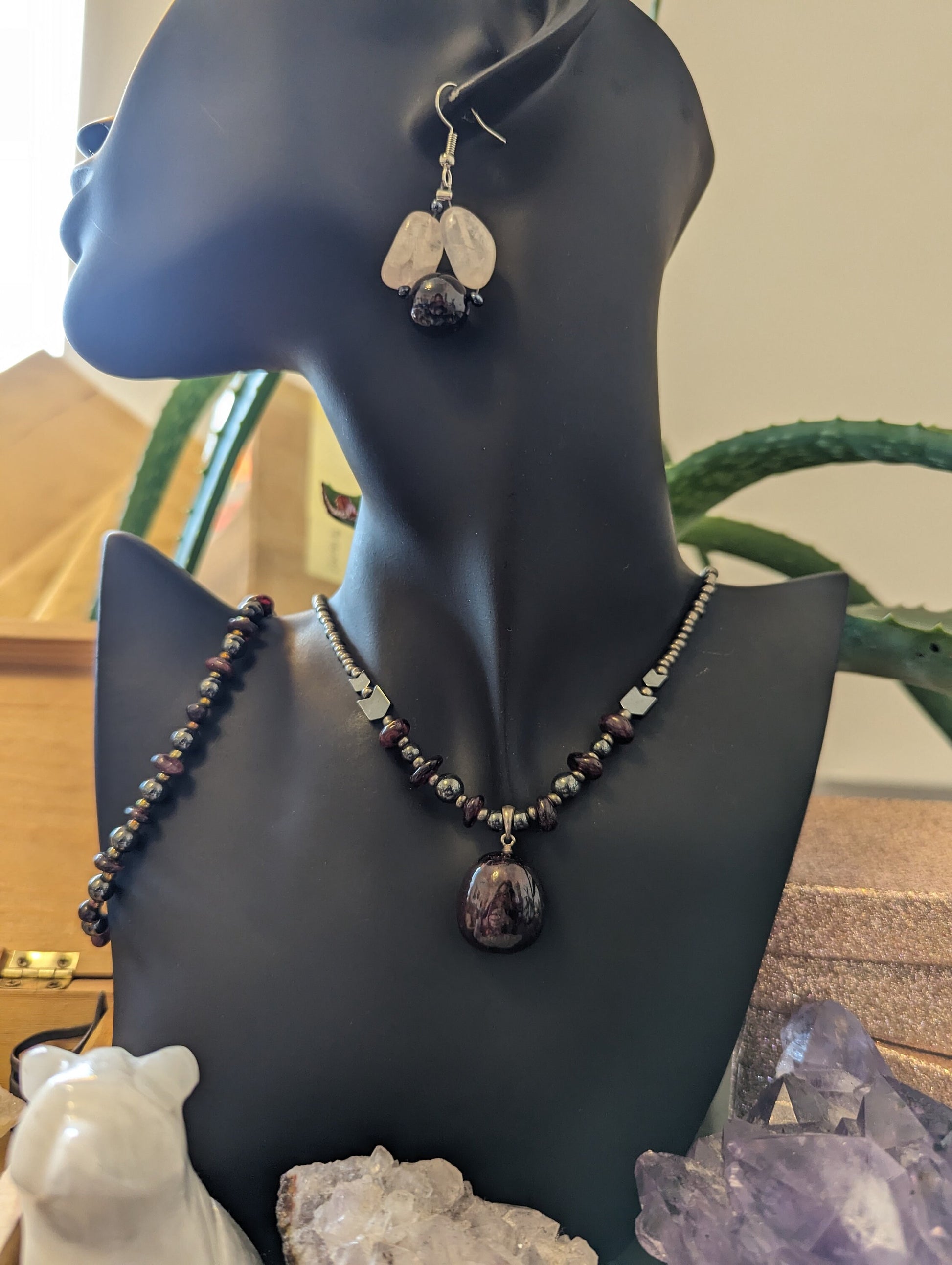 Silver Garnet Set: Garnet Pendant, Garnet beaded Bracelet and Necklace with Silver Glass beads and Earrings with Garnet and Rose Quartz