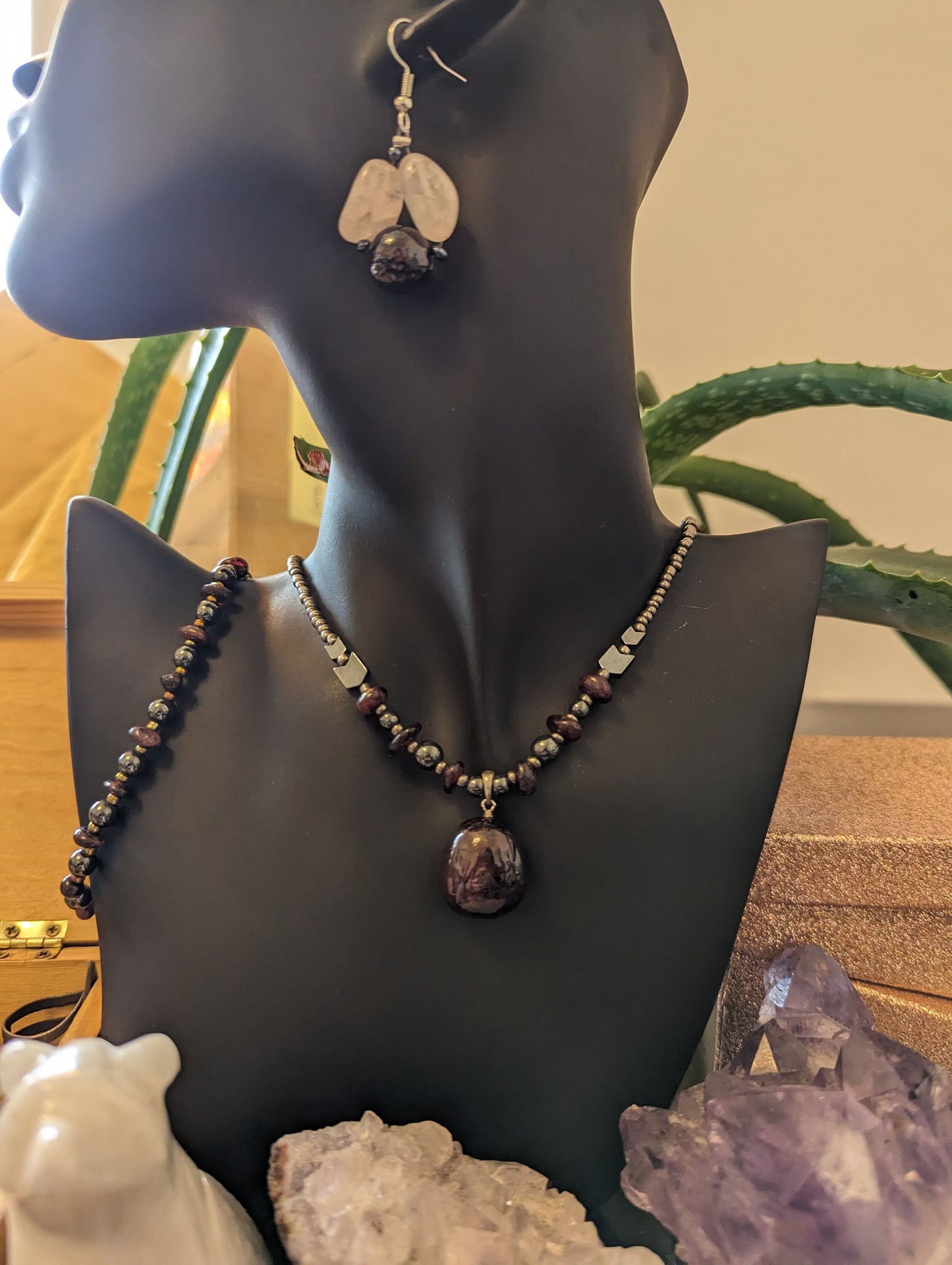 Silver Garnet Set: Garnet Pendant, Garnet beaded Bracelet and Necklace with Silver Glass beads and Earrings with Garnet and Rose Quartz